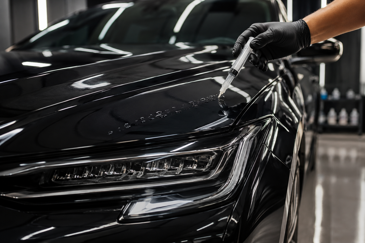 Gloved hands applying ceramic coating to a black car hood with water droplets.