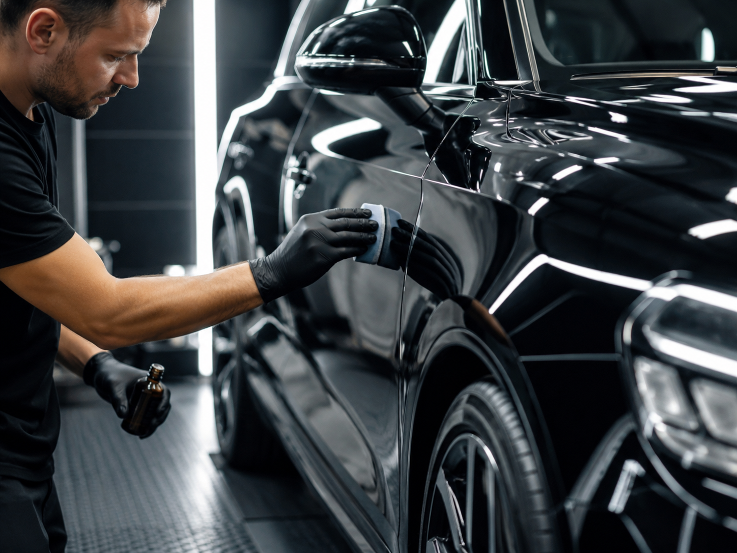 Detailing a gray sports car while a person wipes the hood with a cloth in a garage.