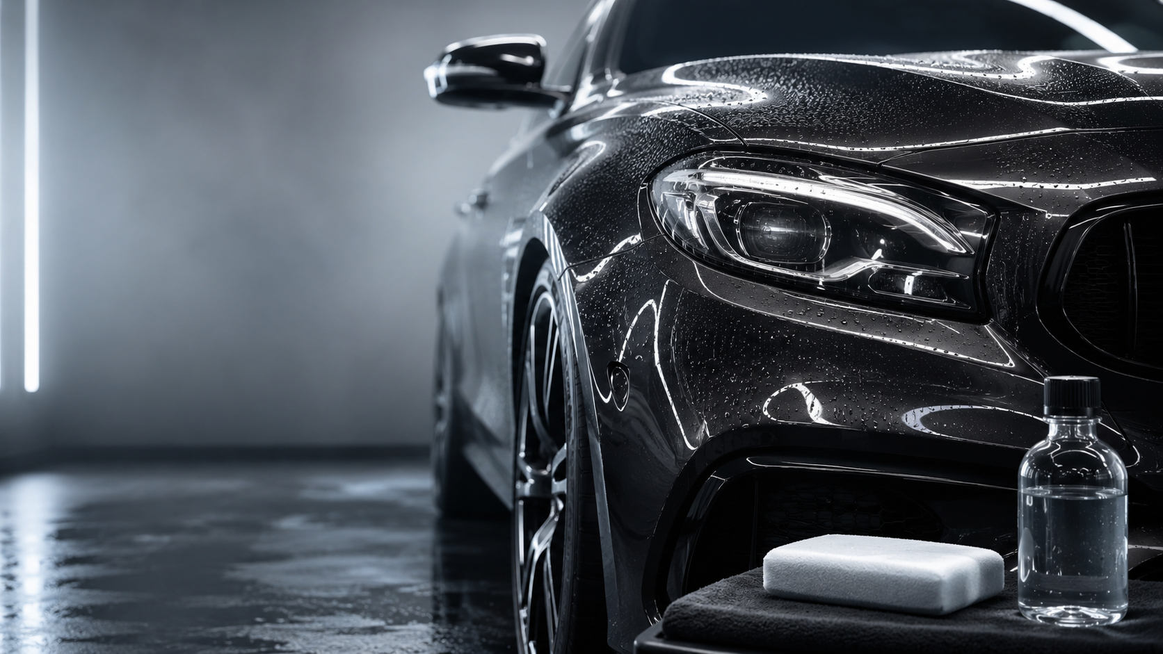 Black luxury car in a glossy garage, with a bottle and towel beside the front bumper.