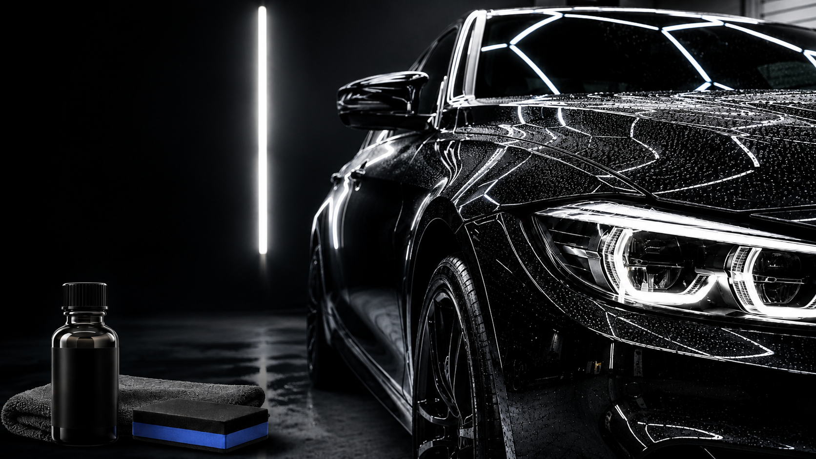 Black sports car being detailed under vertical light, with cleaning bottle and cloth on a dark surface.