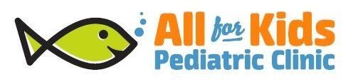 Logo for All for Kids Pediatric Clinic. A green fish is beside orange and blue text.