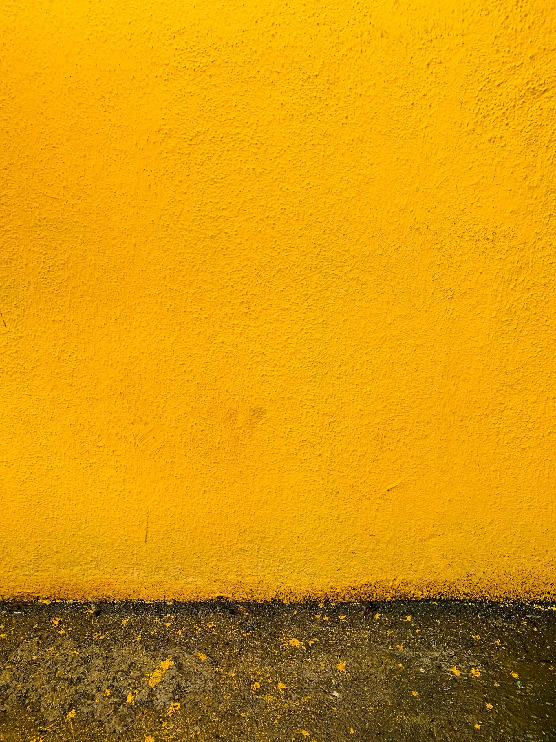 Yellow wall over dark gray, rough ground.
