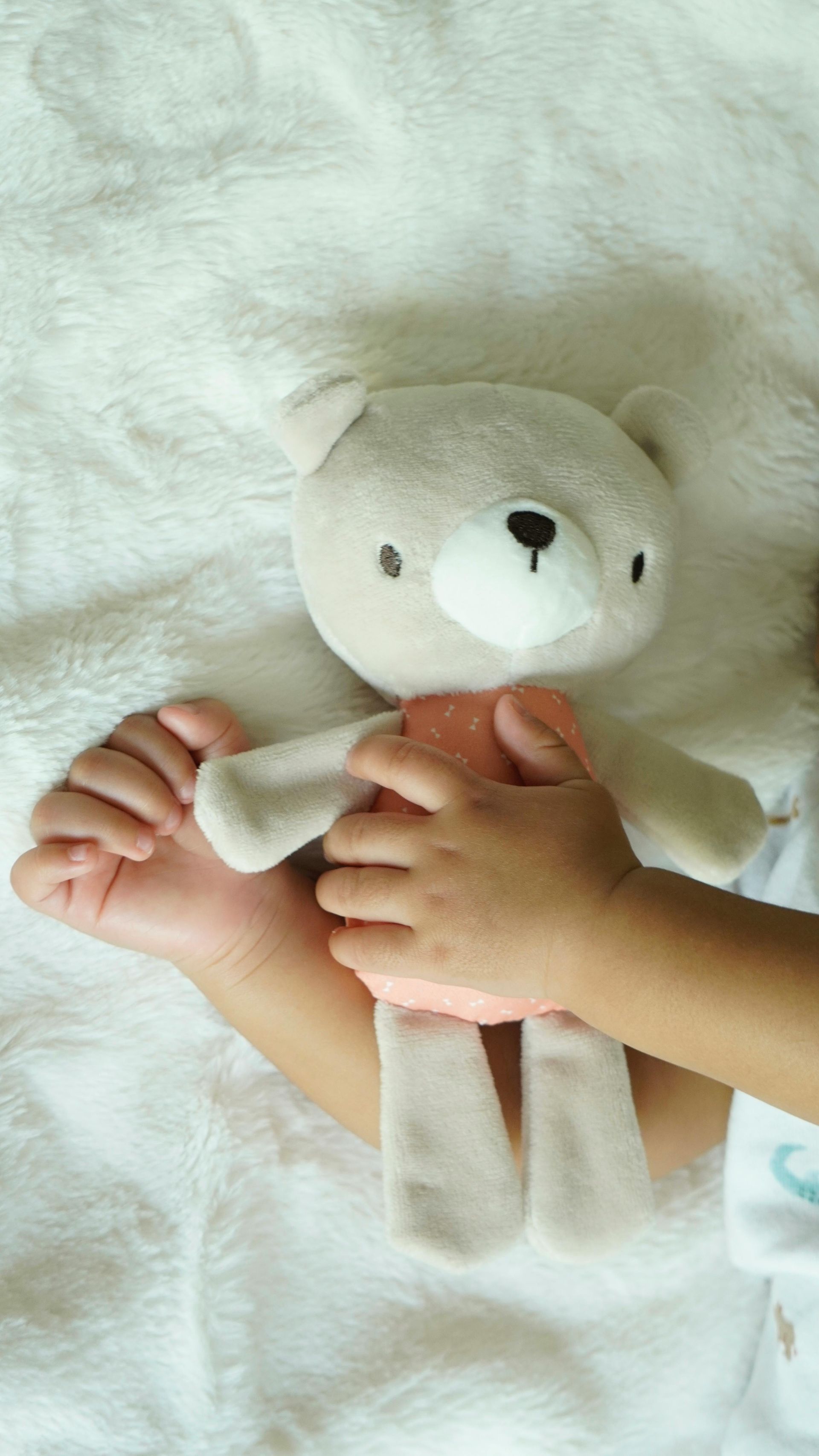 Child's hands holding a light gray teddy bear on a white blanket.