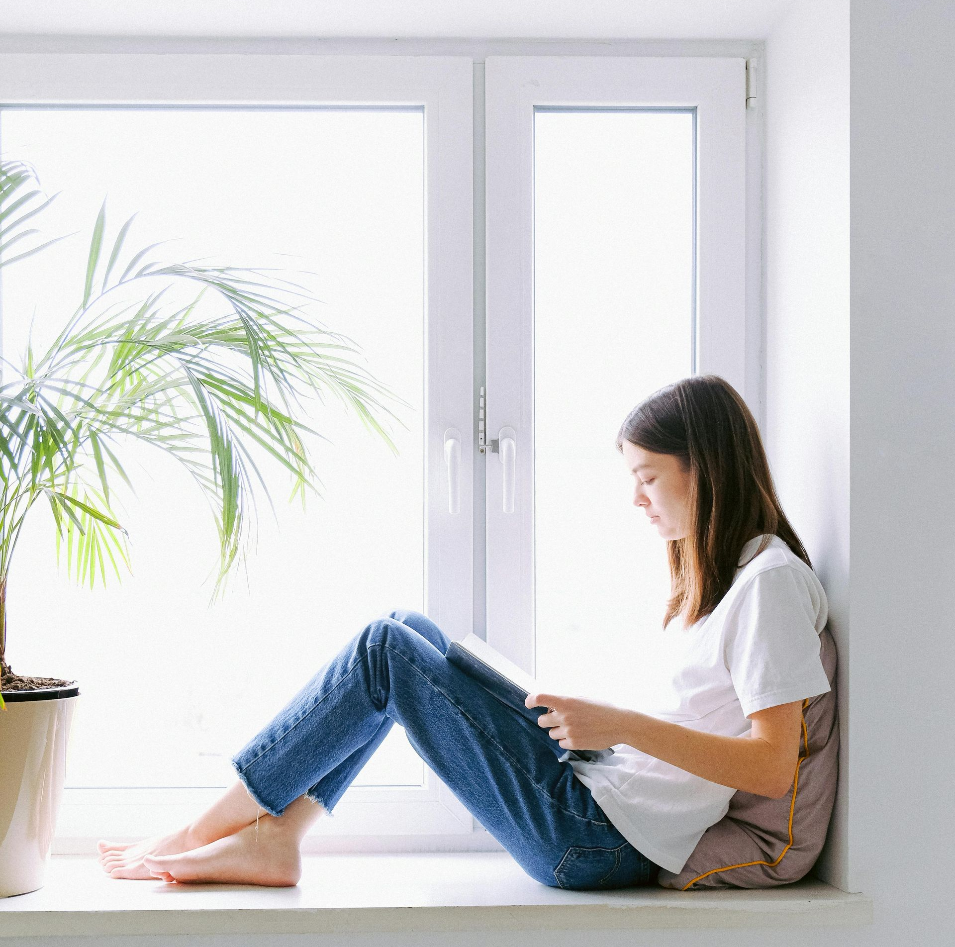 Girl sitting in a window, reading a book. Palm tree beside her.