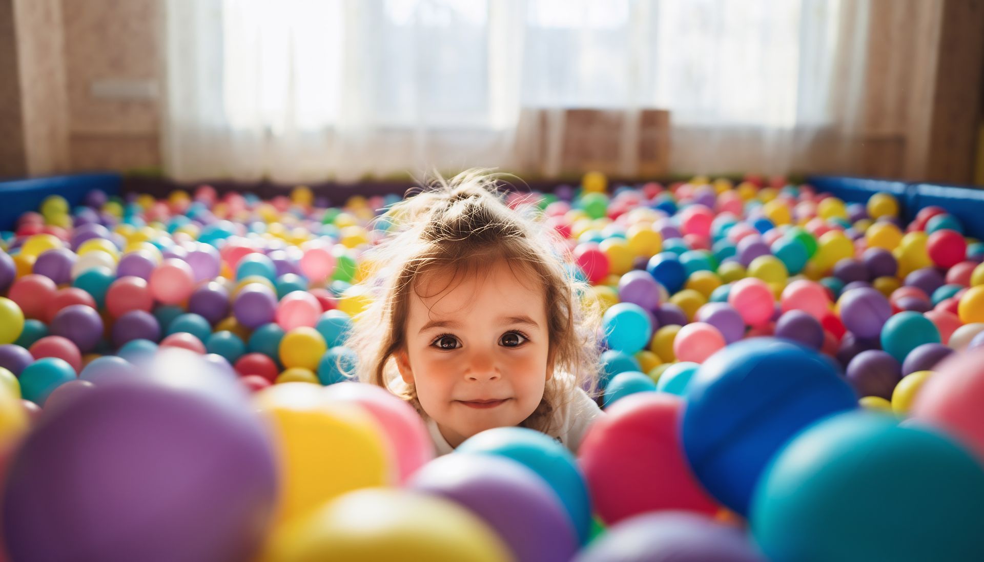 Child in a colorful ball pit, peeking between bright plastic balls and smiling.