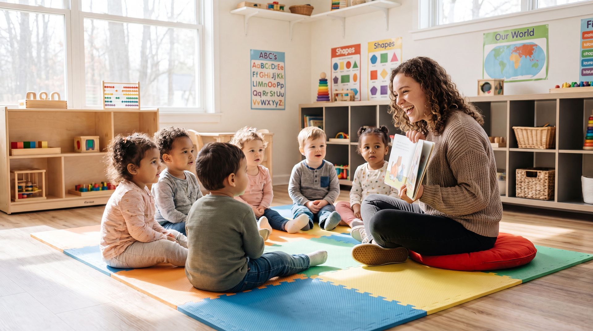 Teacher reading to children seated on colorful mats in a bright classroom