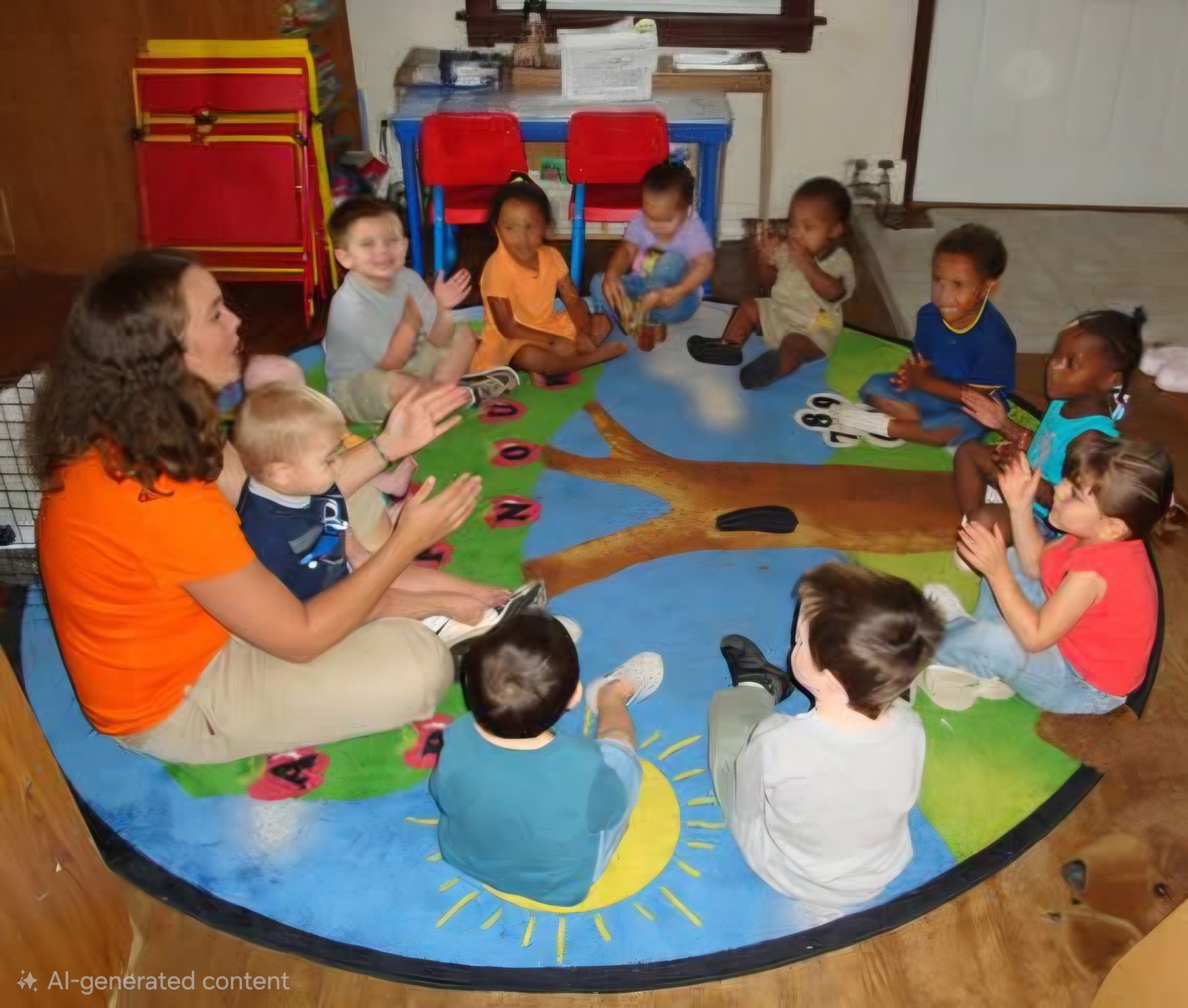 Children sit in a circle on a colorful rug while a teacher leads a group activity in a classroom.