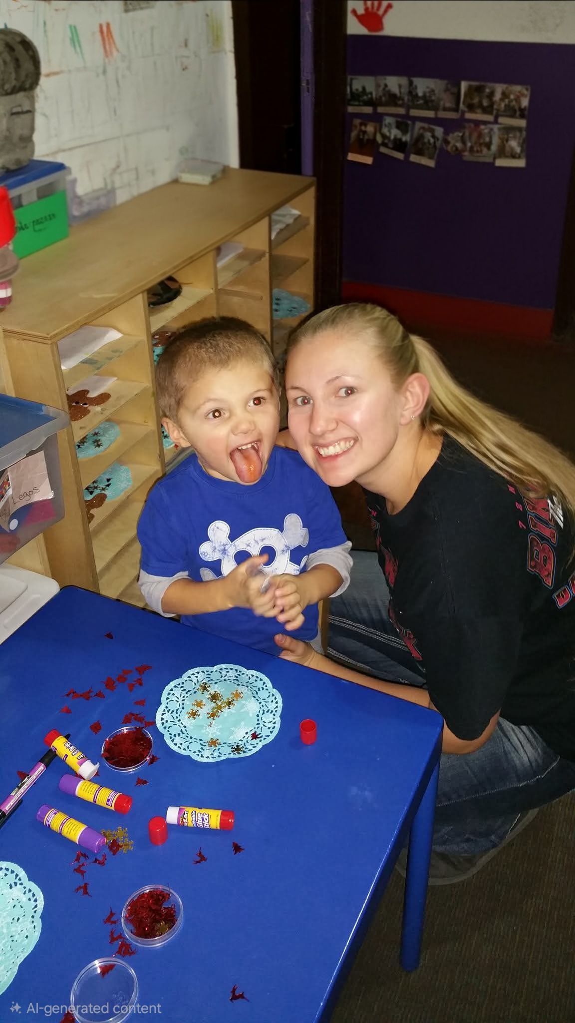Two smiling people sit at a blue table with art supplies in a classroom setting.