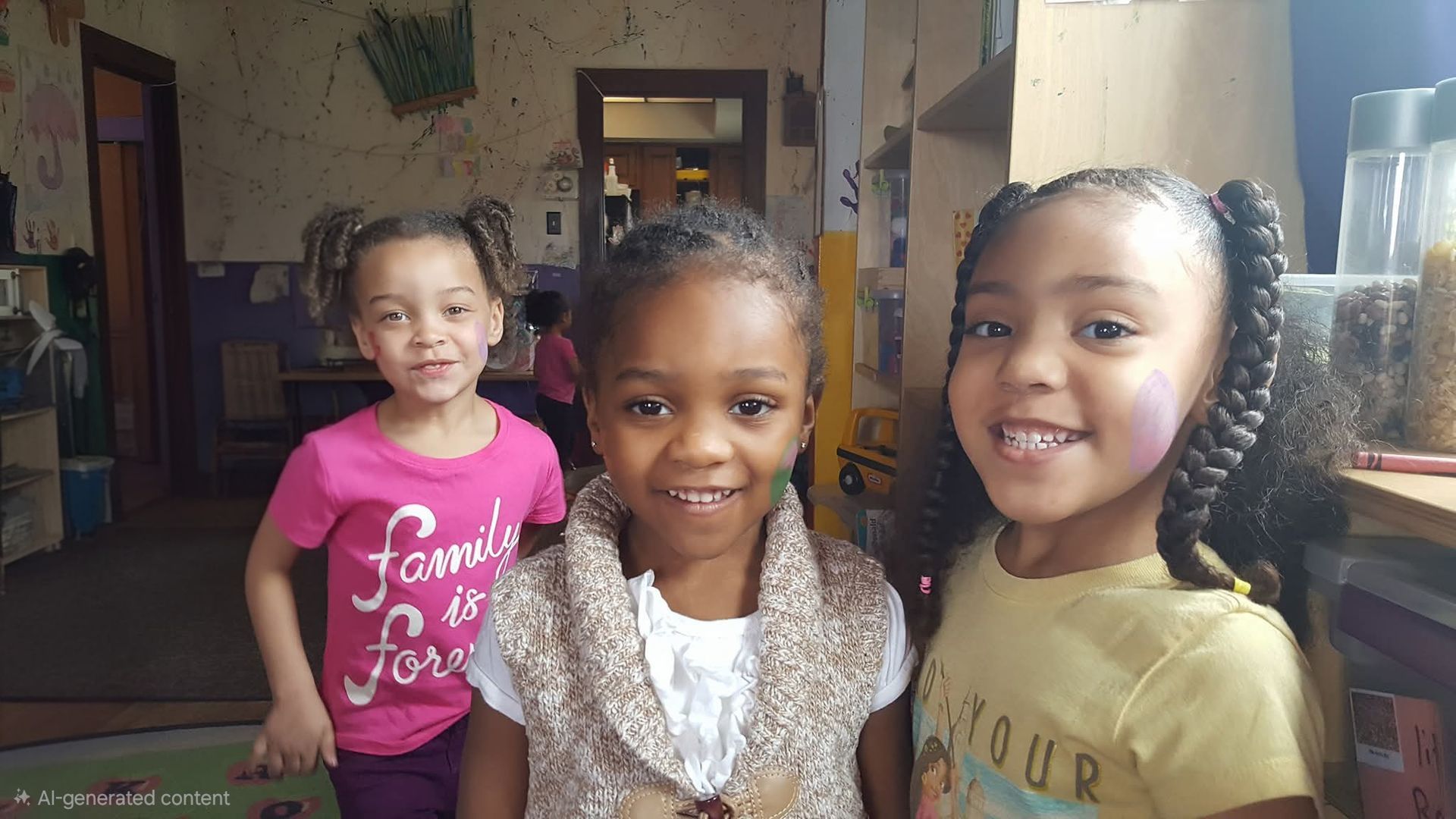 Three smiling children pose indoors, with one wearing a pink shirt and another in a white dress.