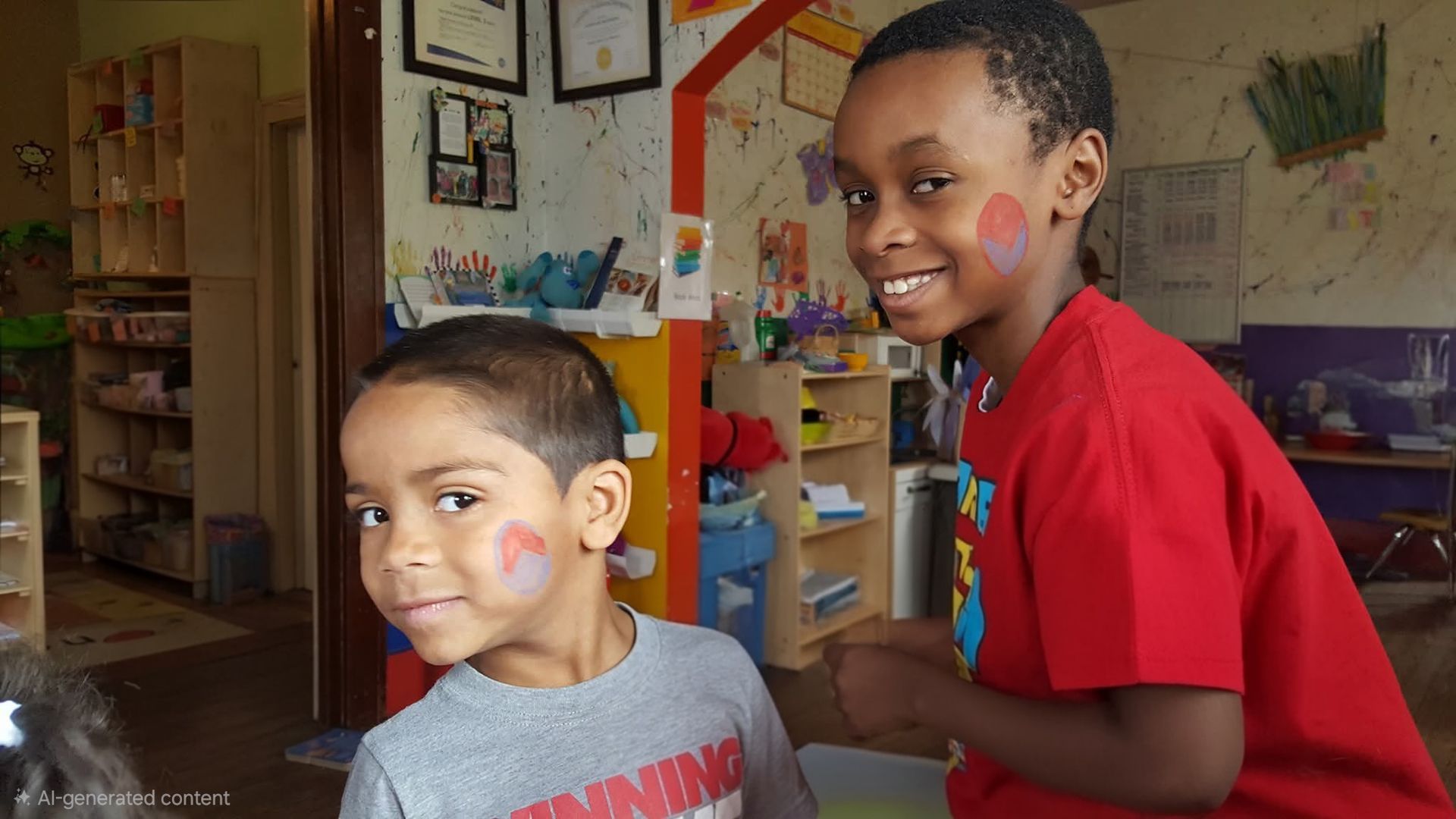 Two smiling children in a classroom, one in a red shirt and one in a gray shirt with face paint.