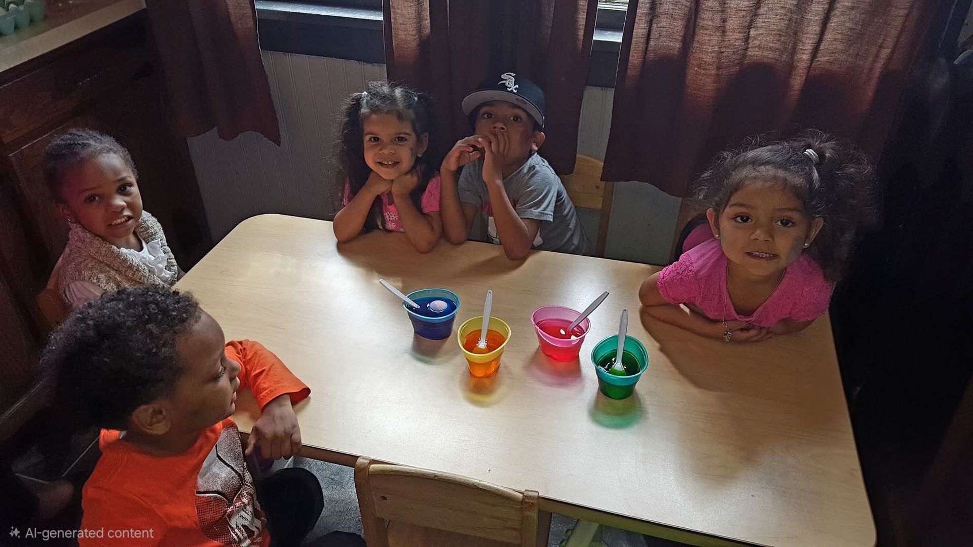 Five children around a table with colorful cups, smiling in a cozy indoor room.