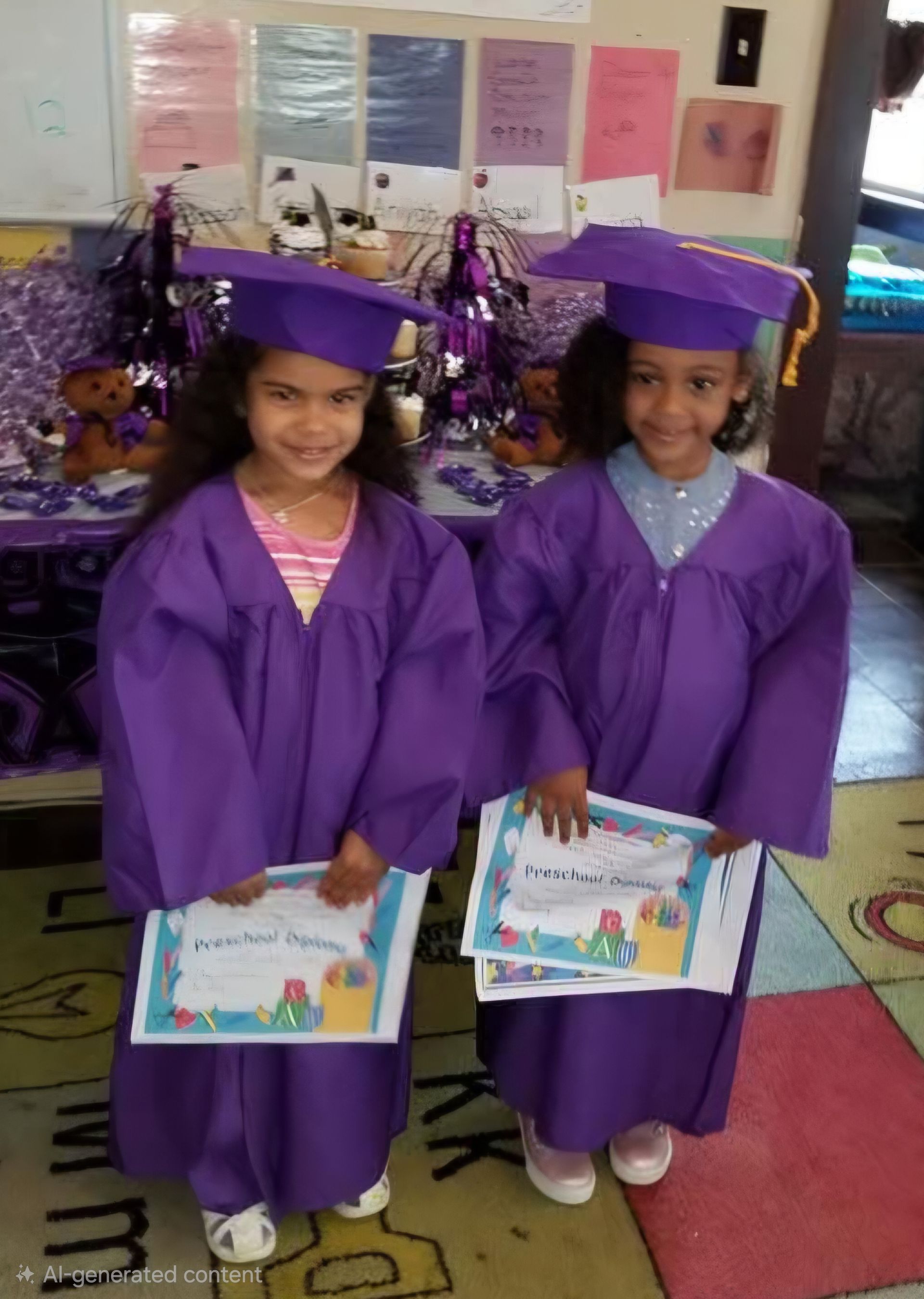 Two children in purple graduation gowns and caps holding certificates indoors