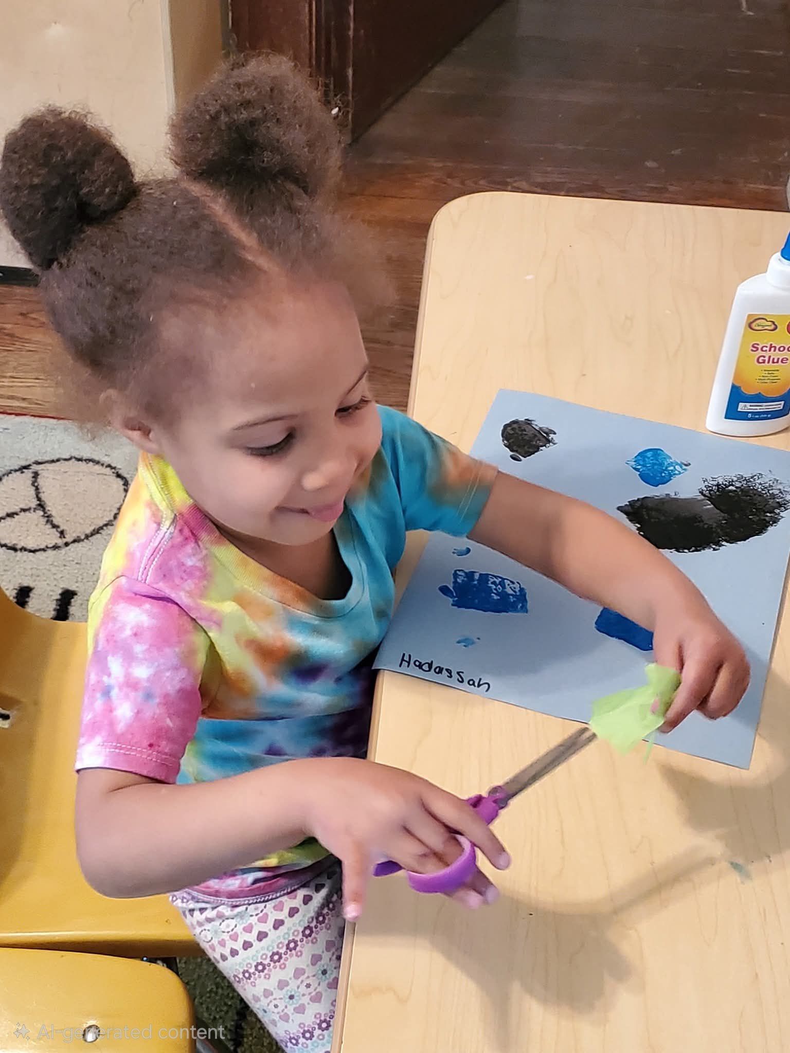 Child painting at a table with colorful paint and a smile, focused on an art activity.