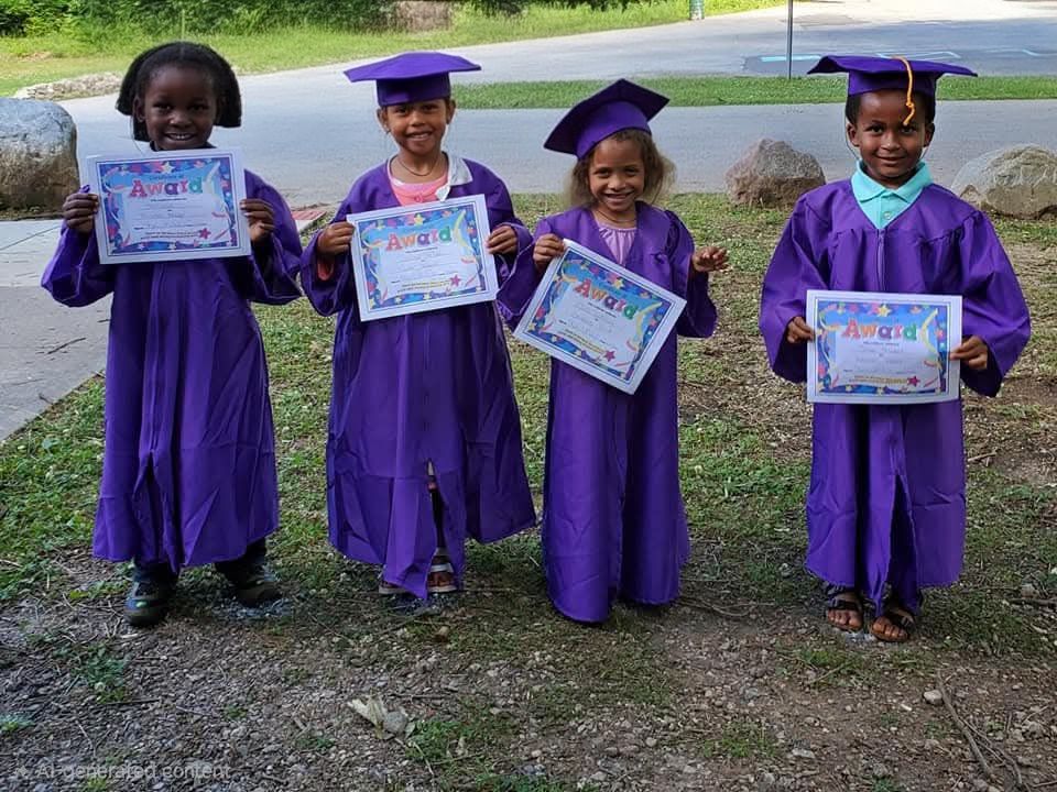 Four children in purple graduation gowns and caps hold certificates outdoors.