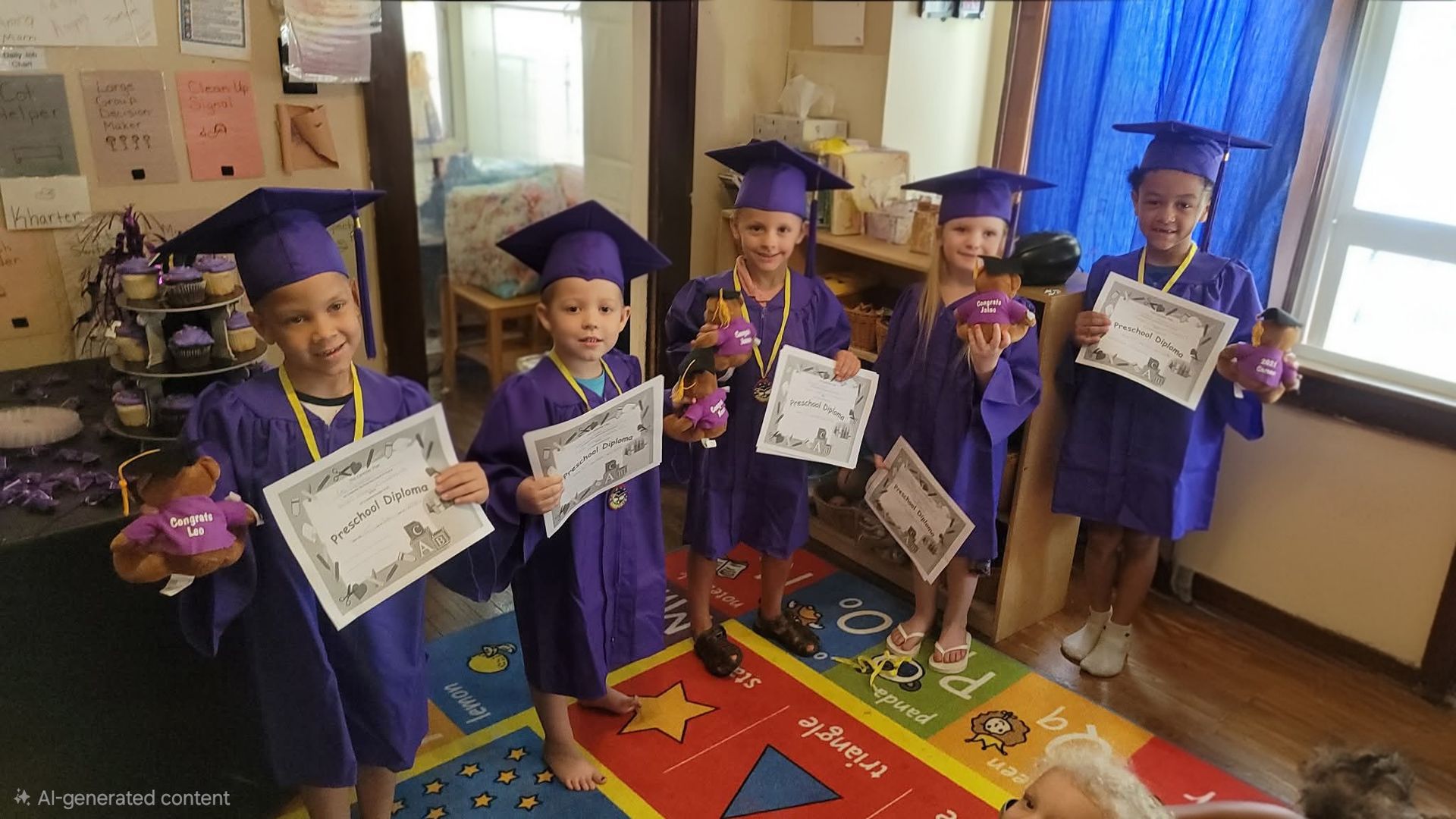 Children in purple graduation caps and gowns hold certificates in a classroom.