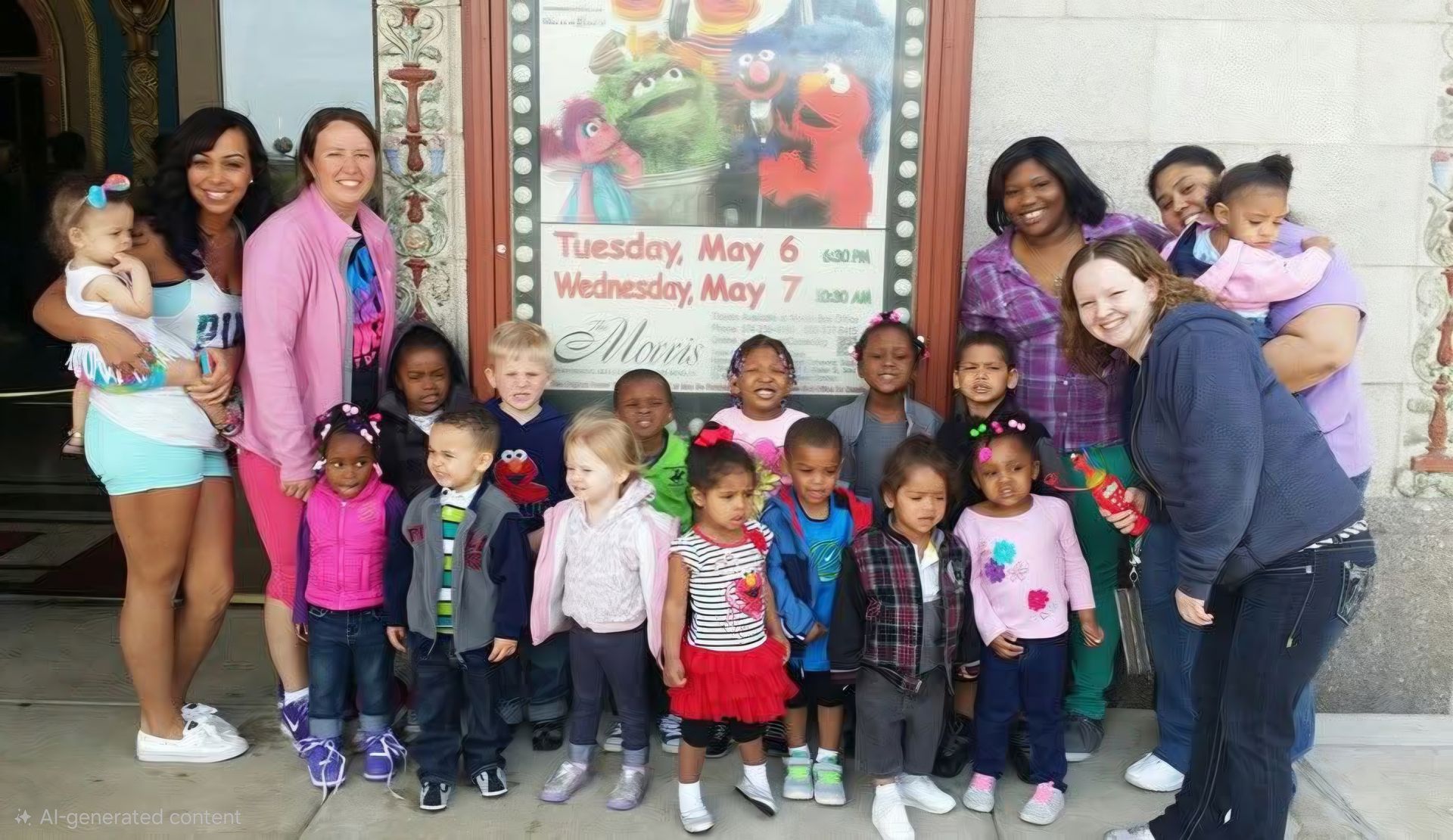 Group of children and adults posing outside a building in front of a colorful sign.