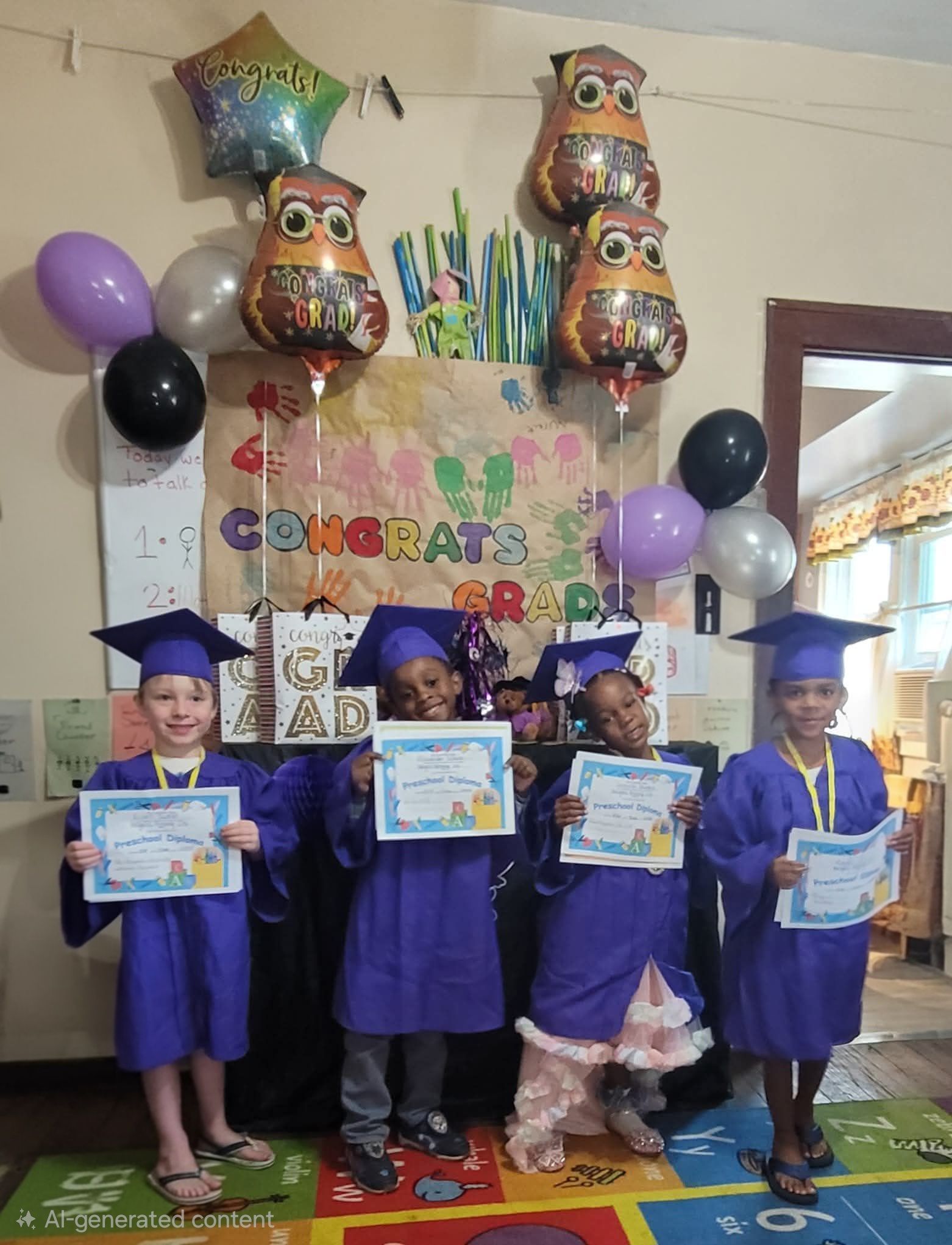 Four children in blue graduation gowns hold certificates at a decorated indoor party.