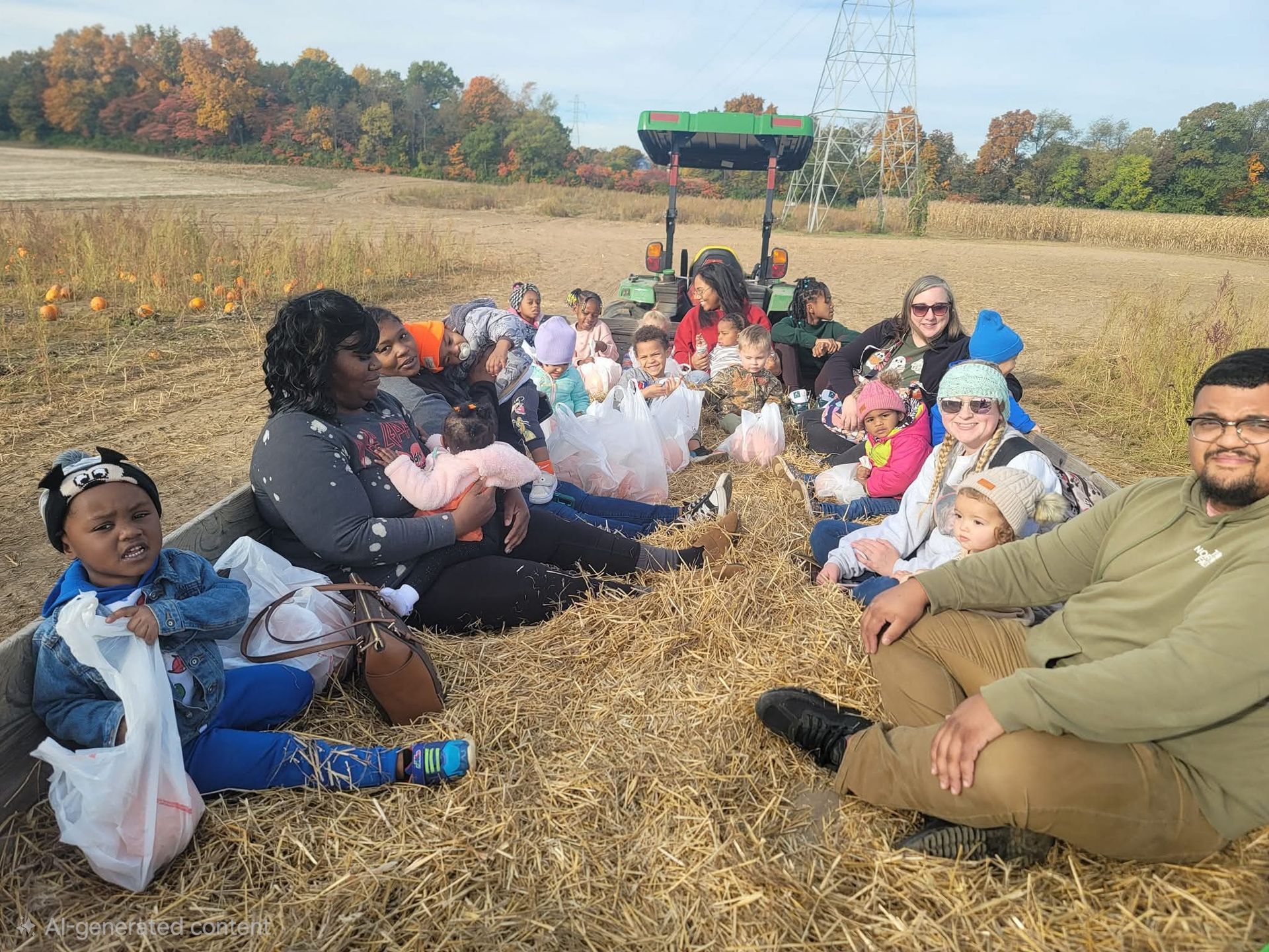 People sitting in a hayfield around a red wagon on an autumn day.