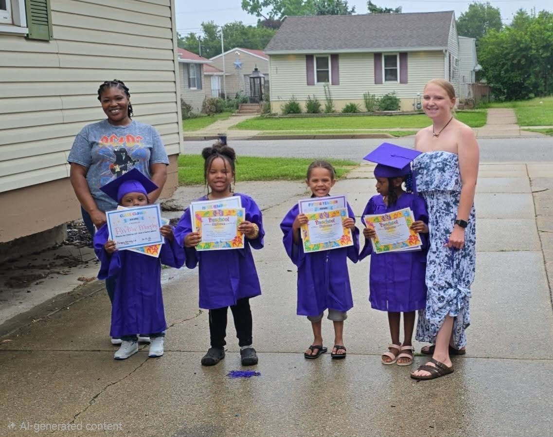 Four children and an adult holding certificates on a wet driveway outside houses