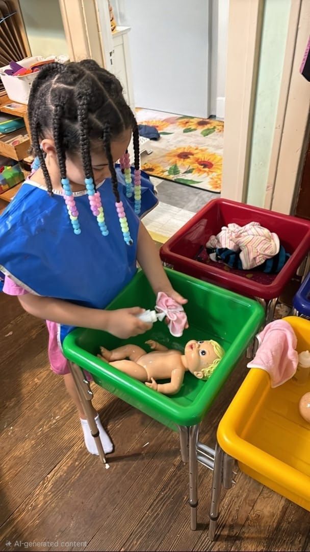Child playing with dolls at a classroom water table with colored bins.