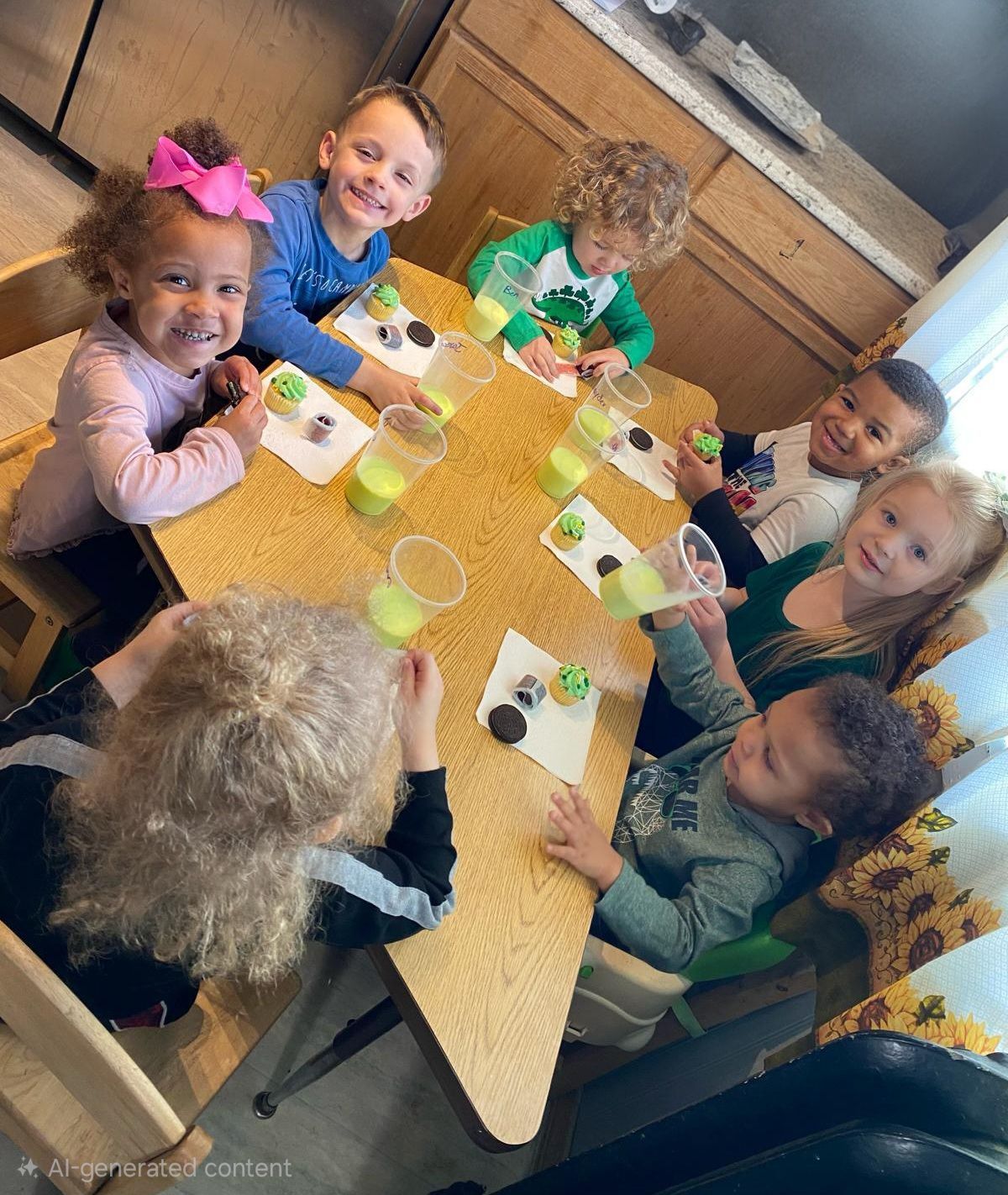 Children seated around a table, painting or crafting with small cups in a classroom.