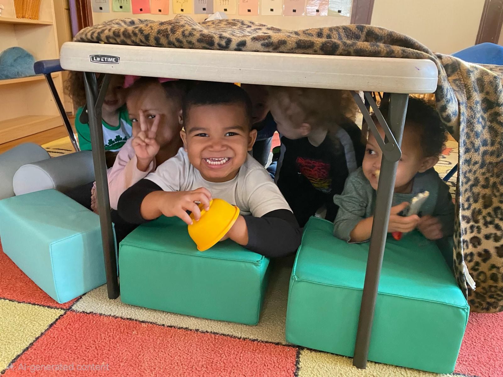 Children smiling and hiding under a table fort with foam blocks in a classroom