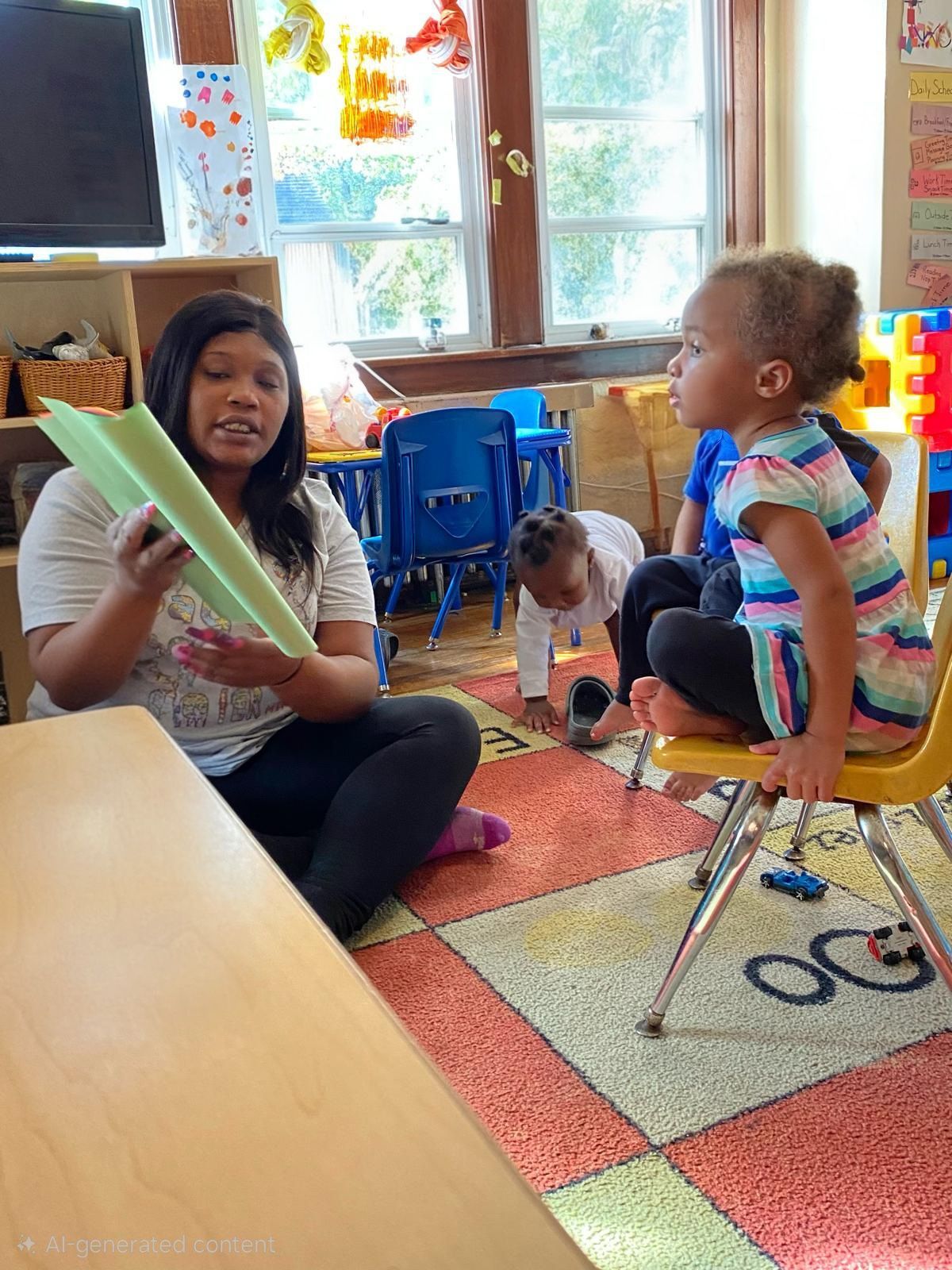 Teacher reading a book to a child in a colorful classroom with toys and play mats.