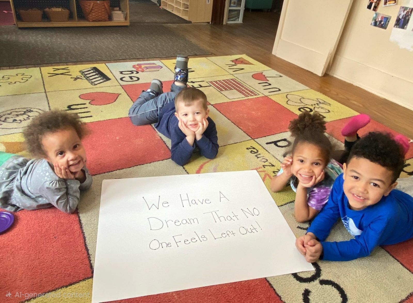 Four smiling children lie on a classroom floor around a handwritten sign on a white sheet.