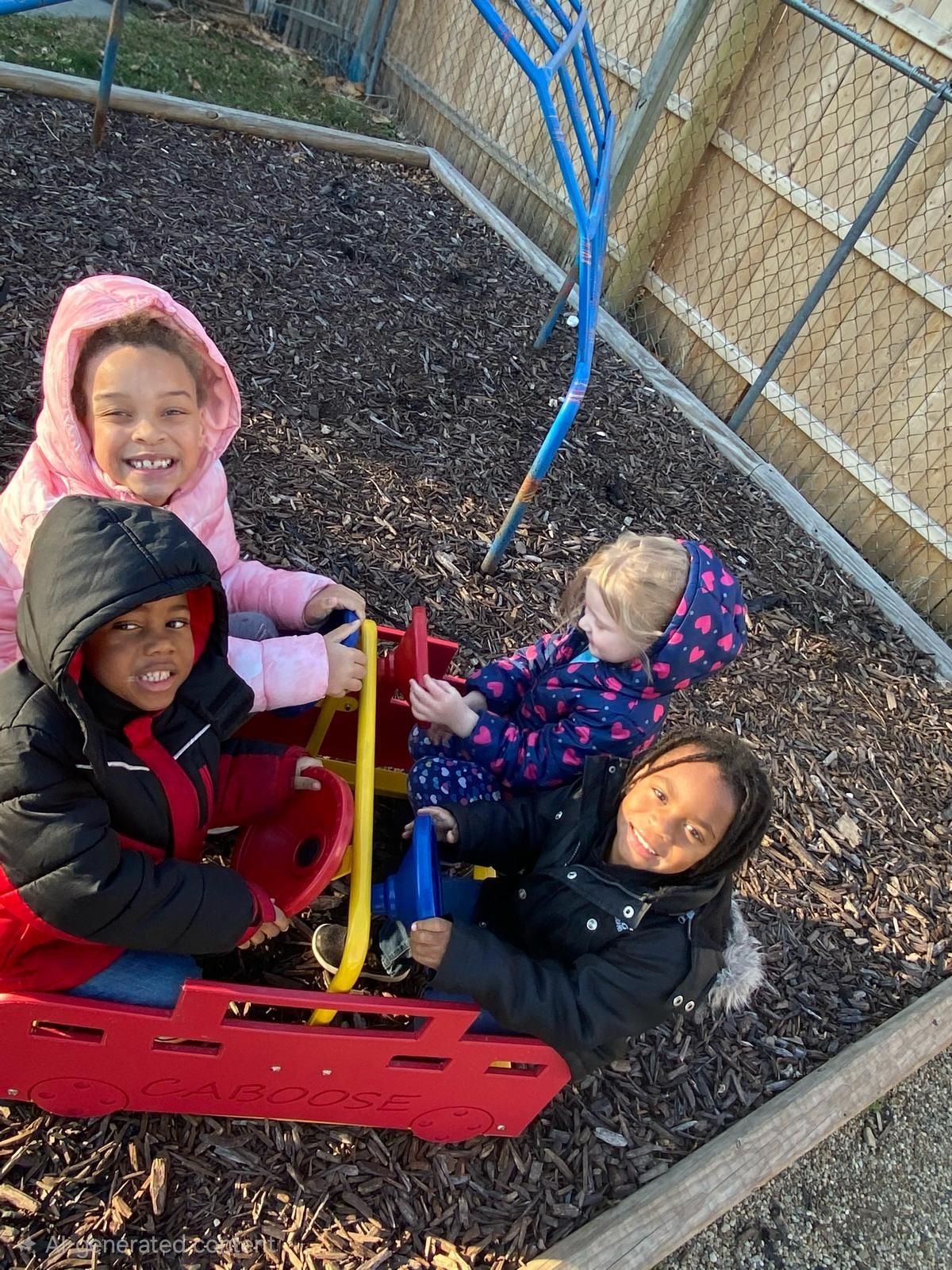 Four children smile on a playground toy in a fenced play area, seen from above.