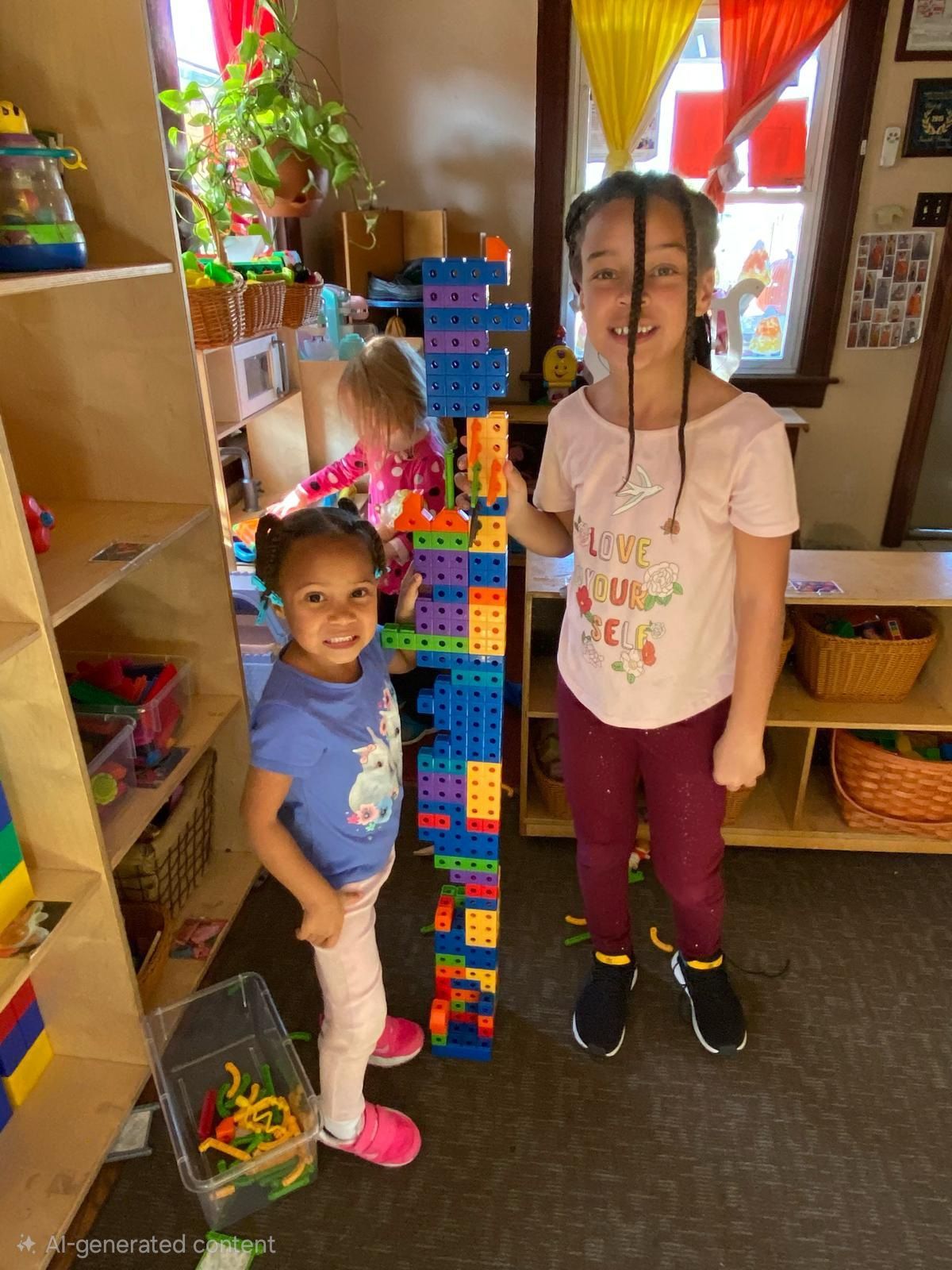 Two children smiling in a colorful classroom, standing beside a tall tower of plastic blocks.