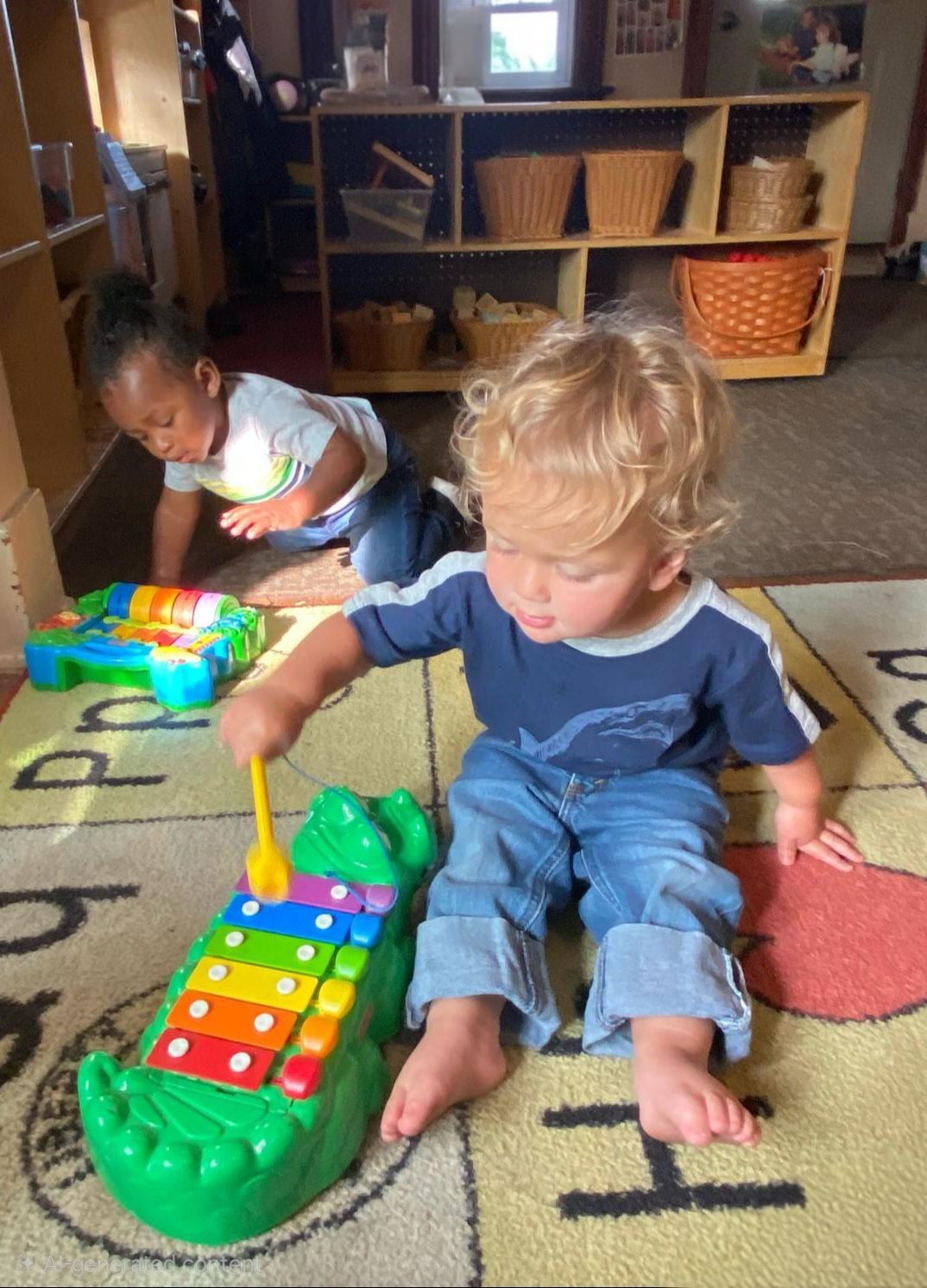 Two toddlers playing with colorful toy boats on a carpeted floor indoors