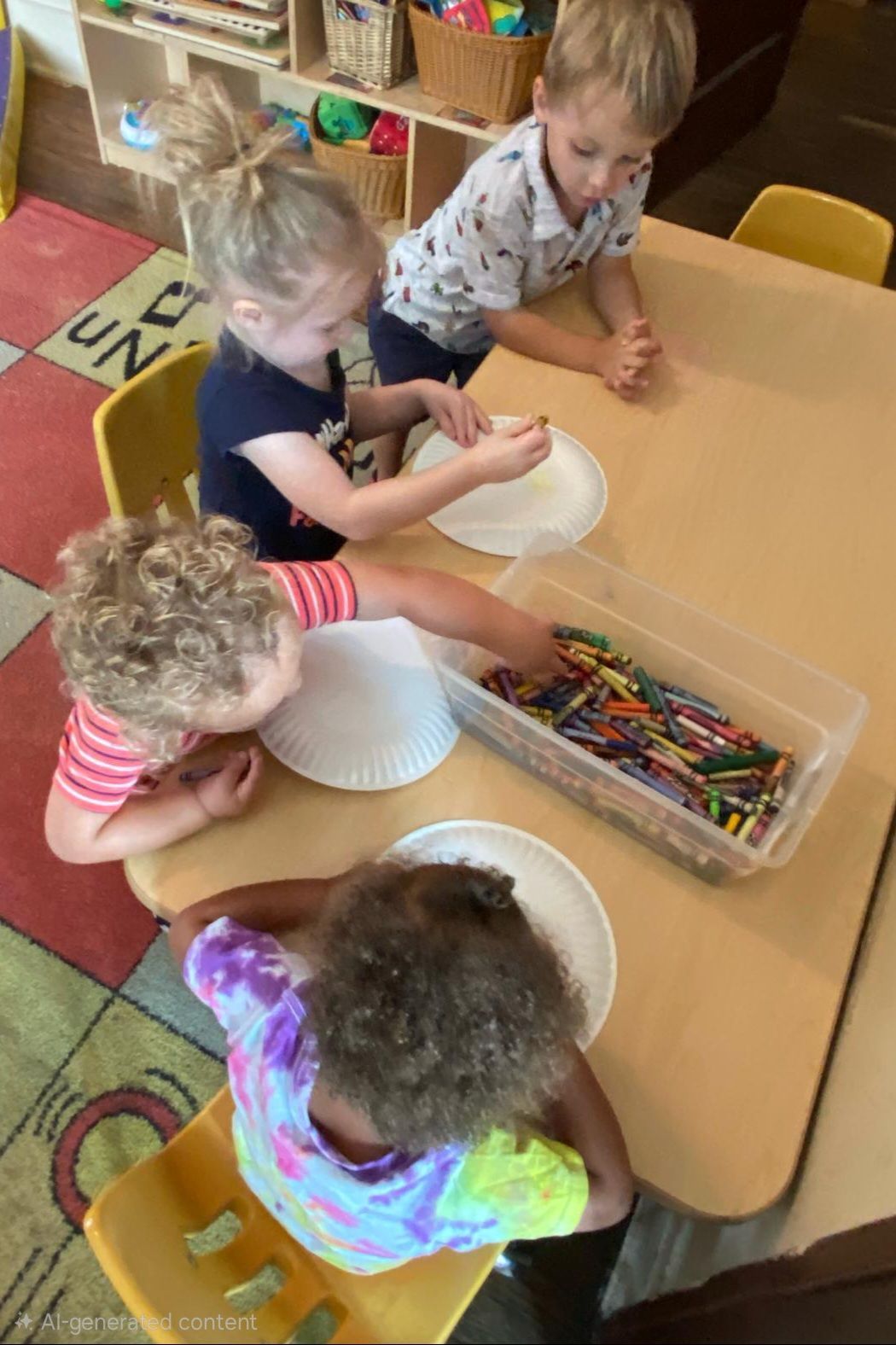 Four children sit at a table, reaching for crayons in a classroom art activity.