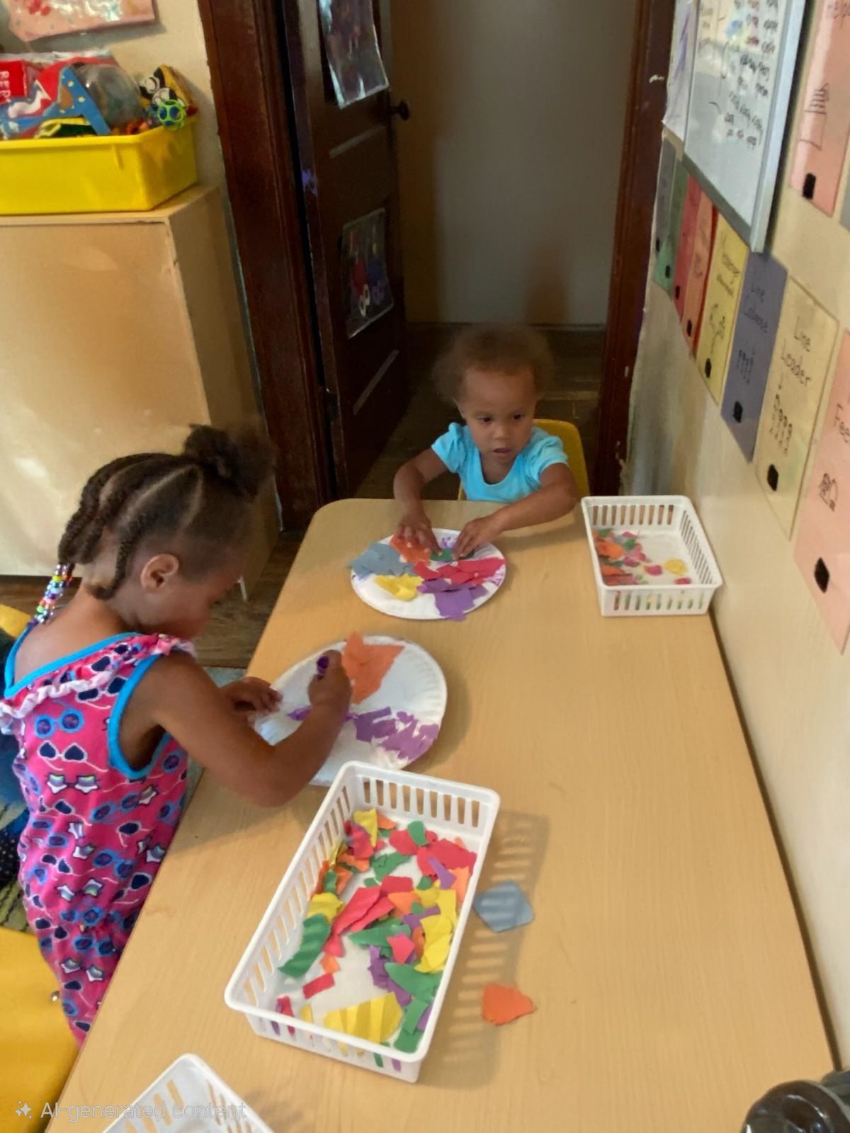 Children doing a colorful craft activity at a table in a classroom or daycare setting