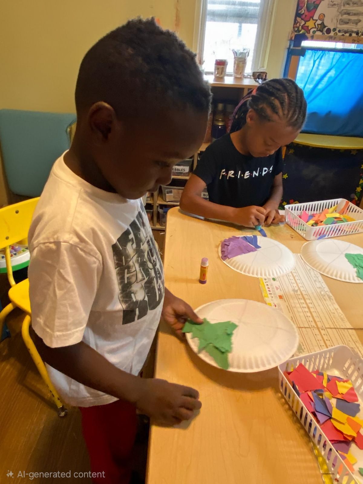 Two children at a table making paper crafts with colored paper and markers.