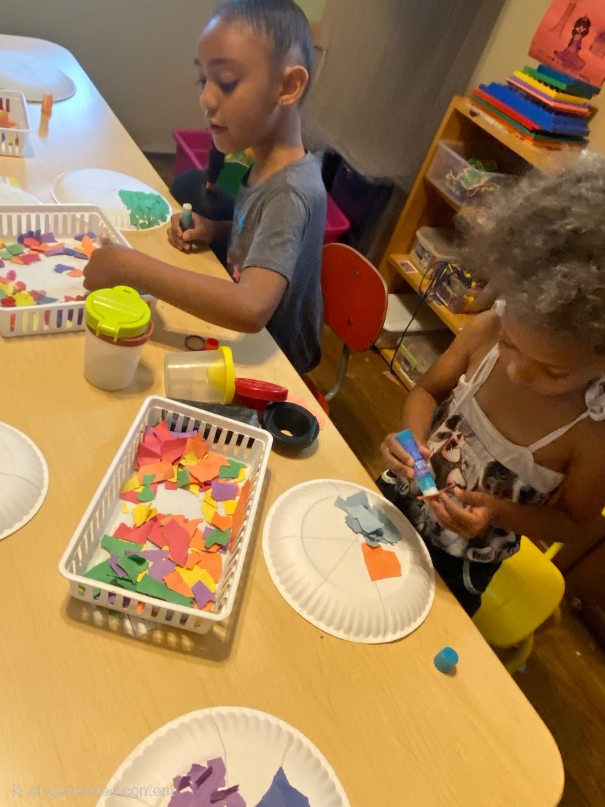 Children crafting at a table with colorful supplies and paper plates in a classroom-like setting
