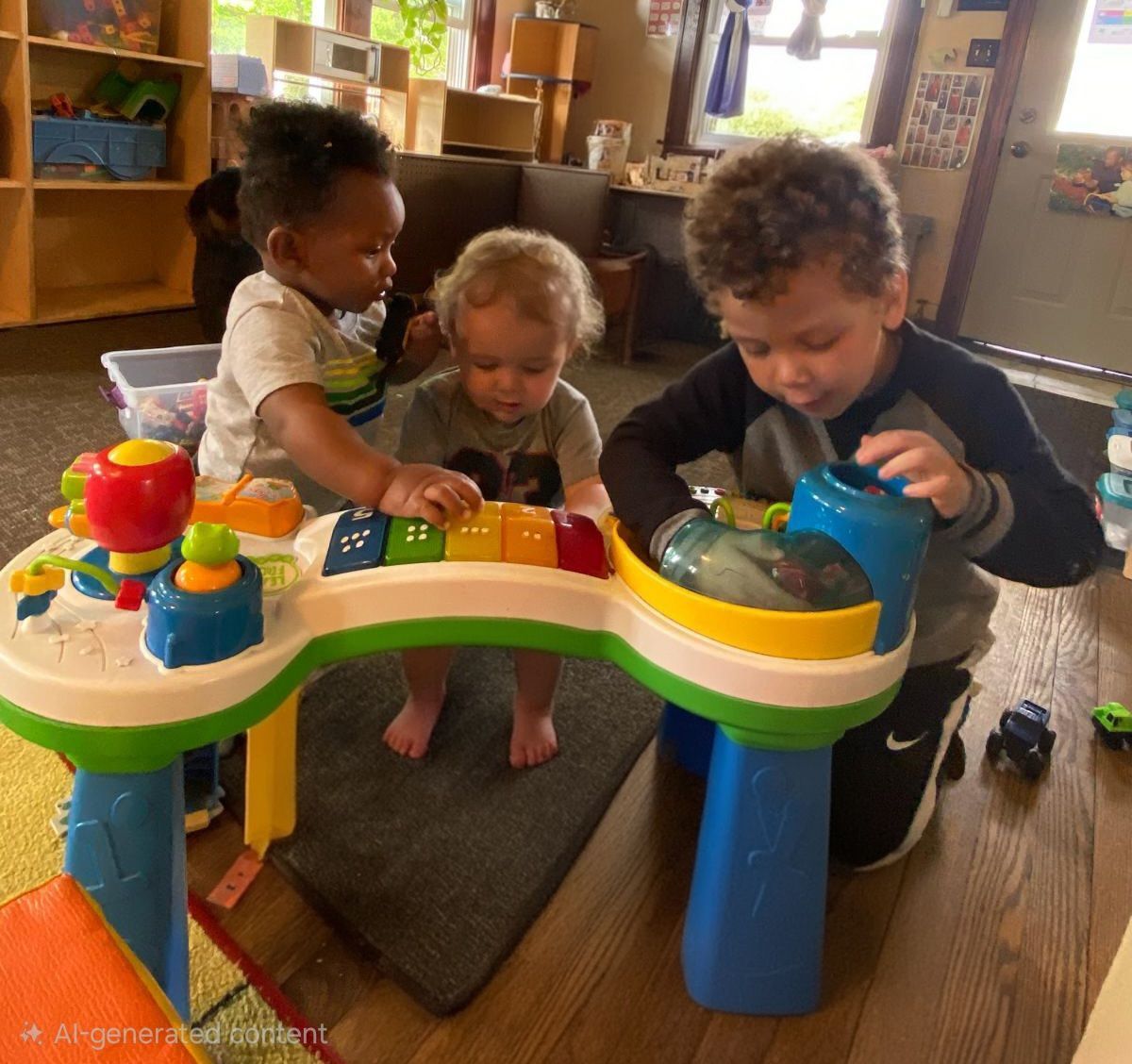 Three children play with a colorful activity table in a cozy living room.