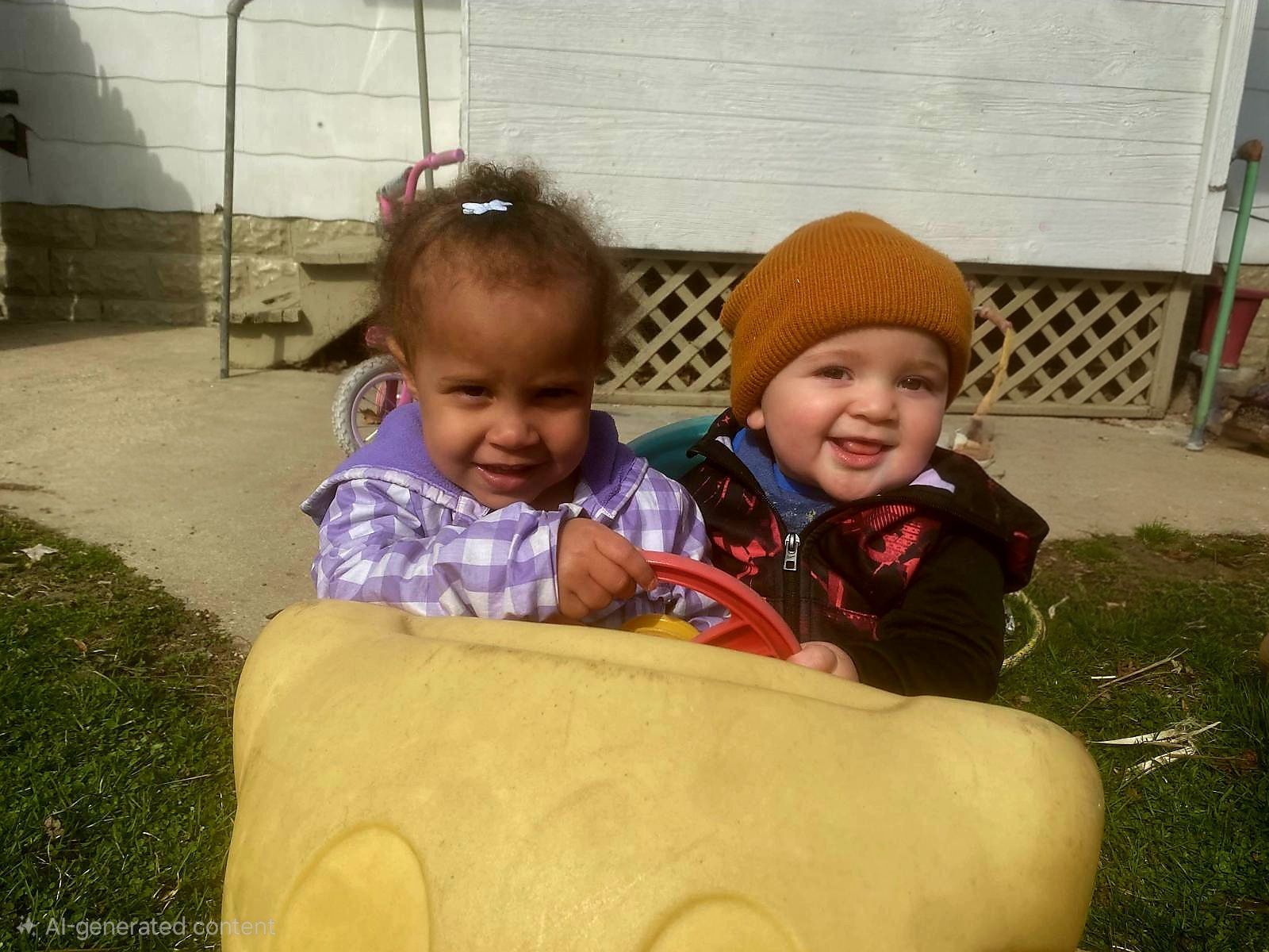 Two smiling children sitting in a yellow toy ride outside a house