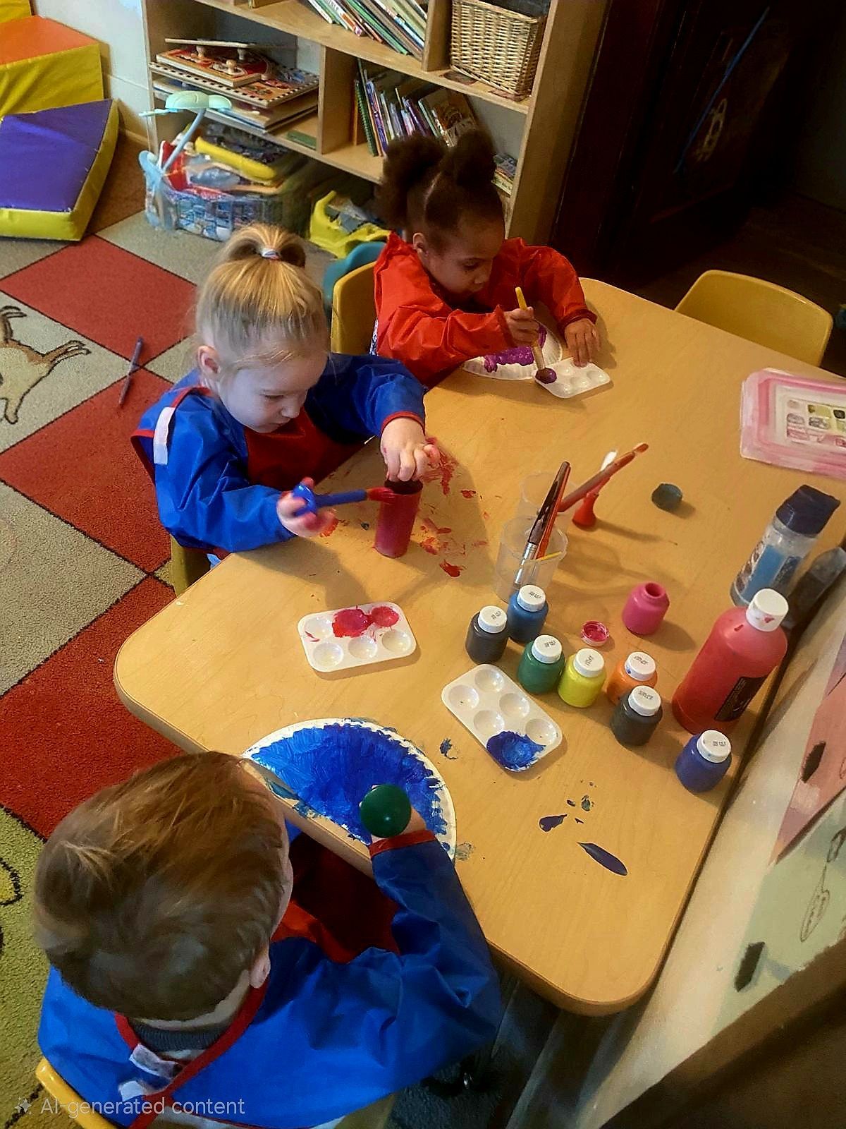 Children painting at a classroom table with brushes, paint pots, and art supplies