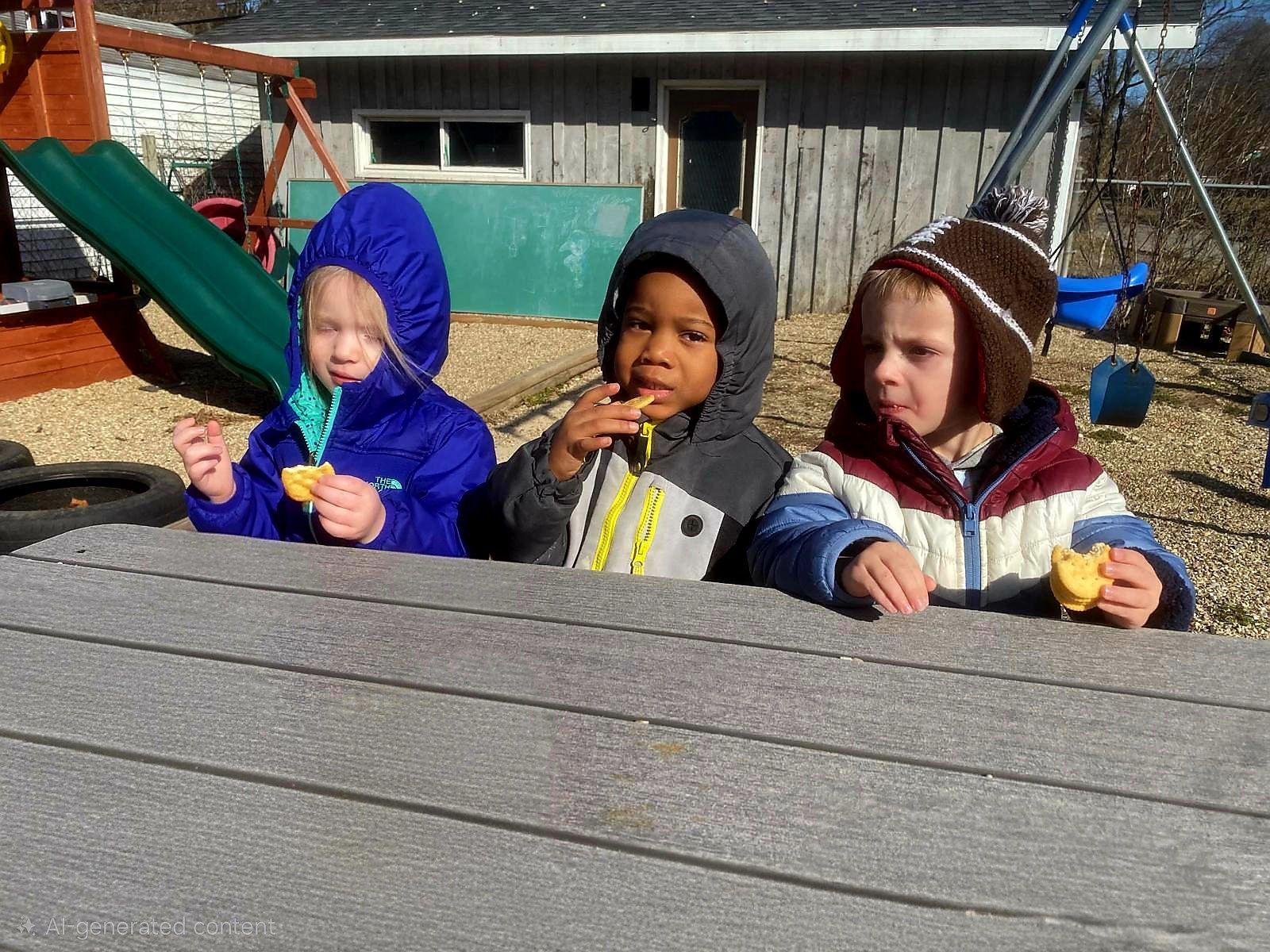Three children in hooded jackets sit at a picnic table eating snacks outdoors.