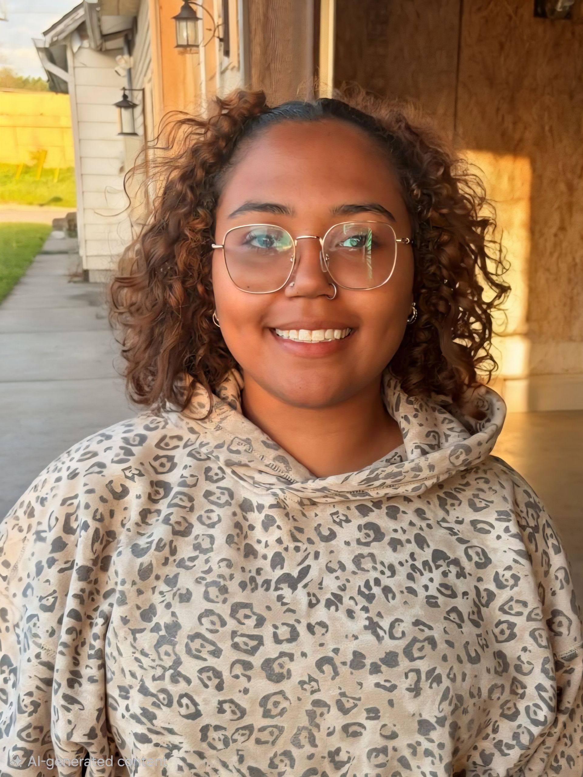 Smiling person wearing glasses and a leopard-print hoodie standing outdoors by a building wall at sunset