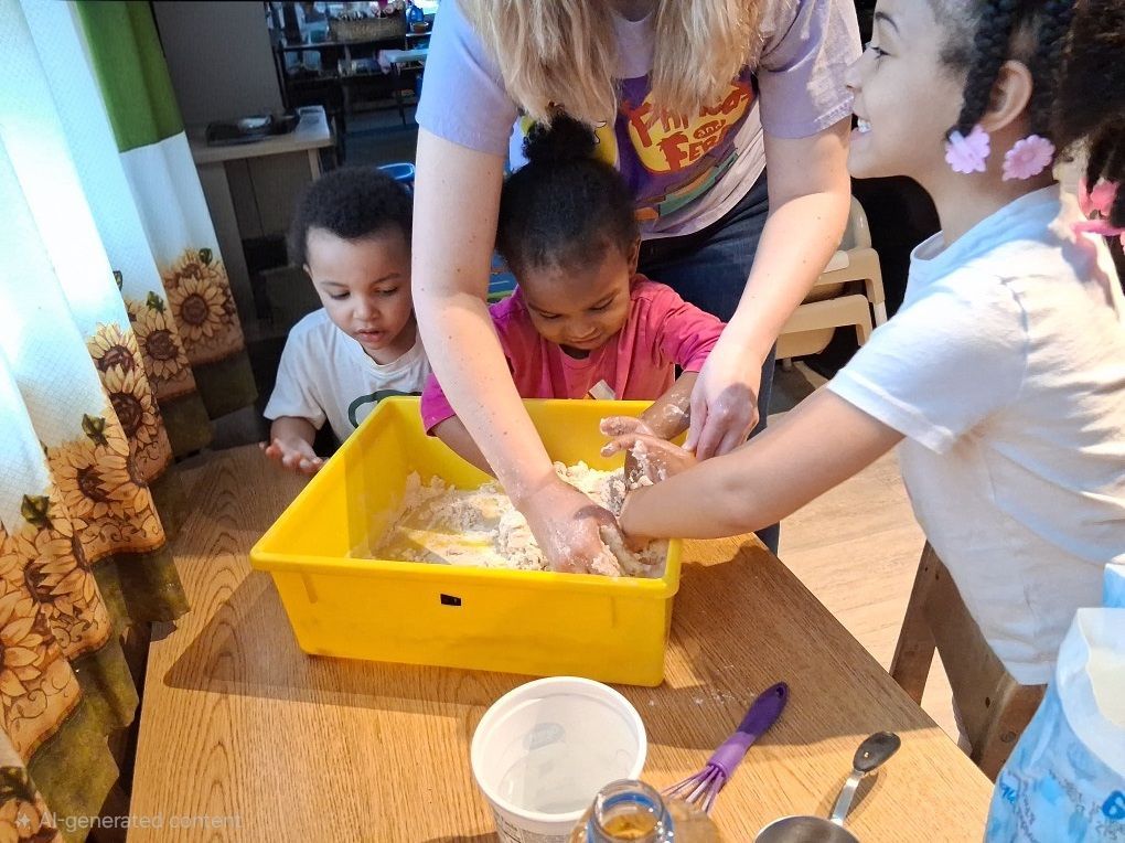 Children play together at a small table in a brightly colored library classroom.