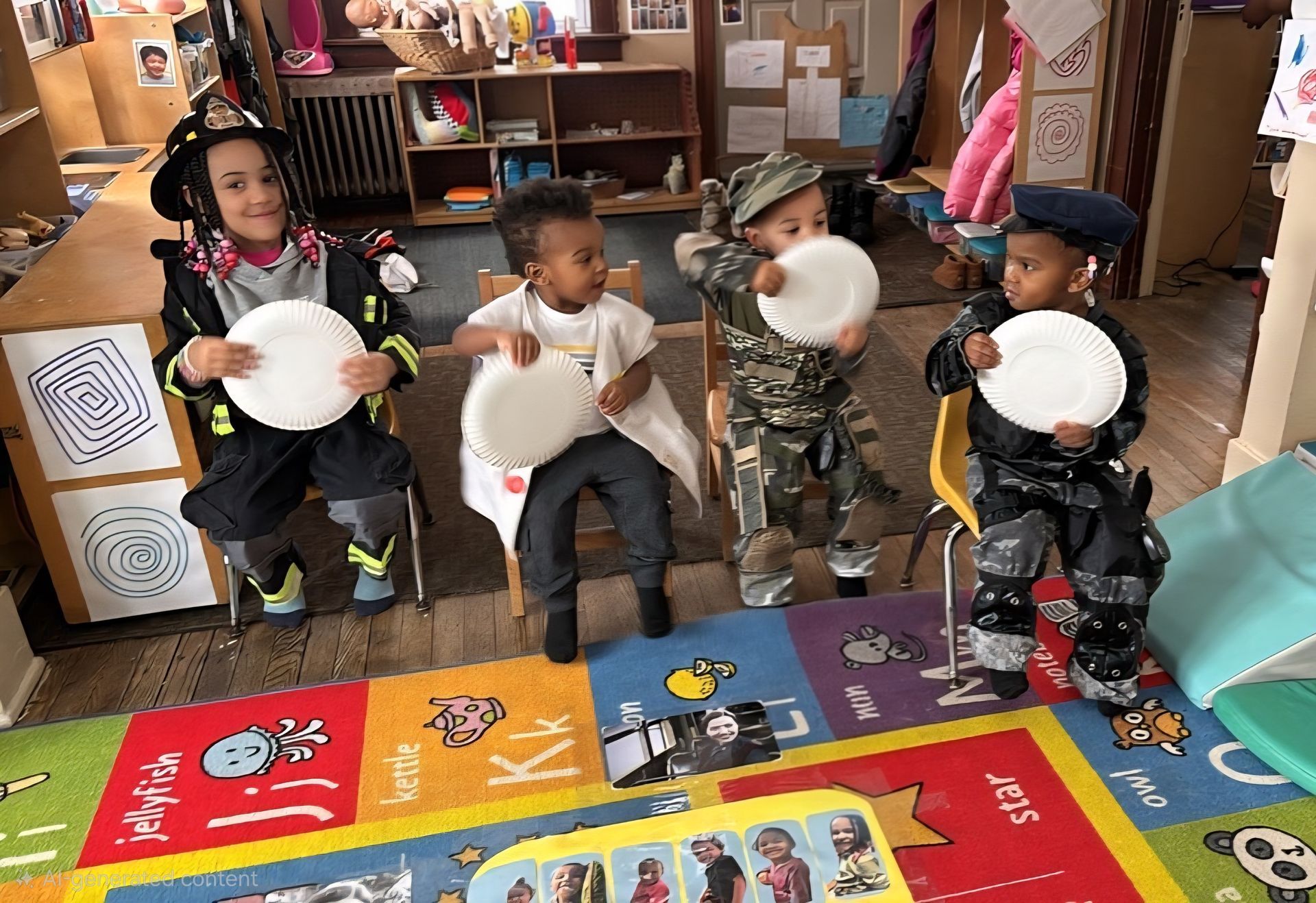 Four children sit in a classroom holding white paper plates, with colorful rugs and shelves behind them.