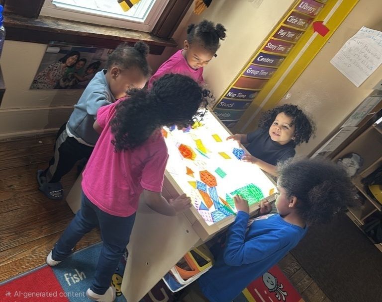 Four children sit at a table in a bright playroom with colorful, paint-covered hands raised in front of their smiling faces.