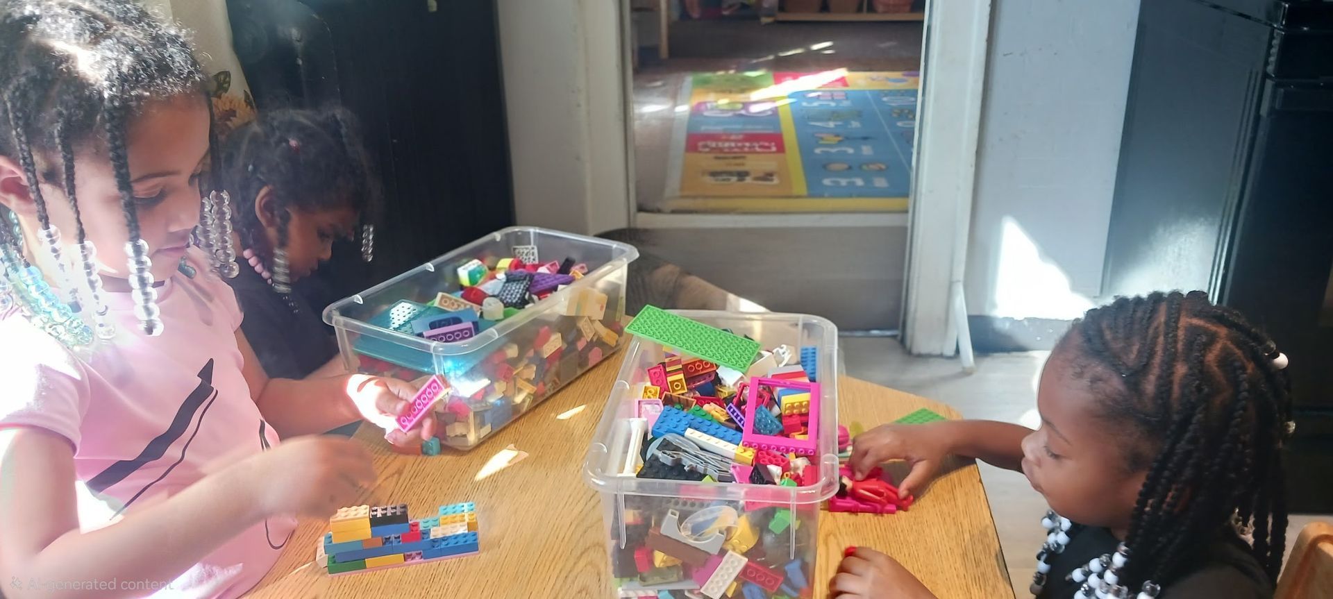 Children sorting colorful toys at a table by a bright window