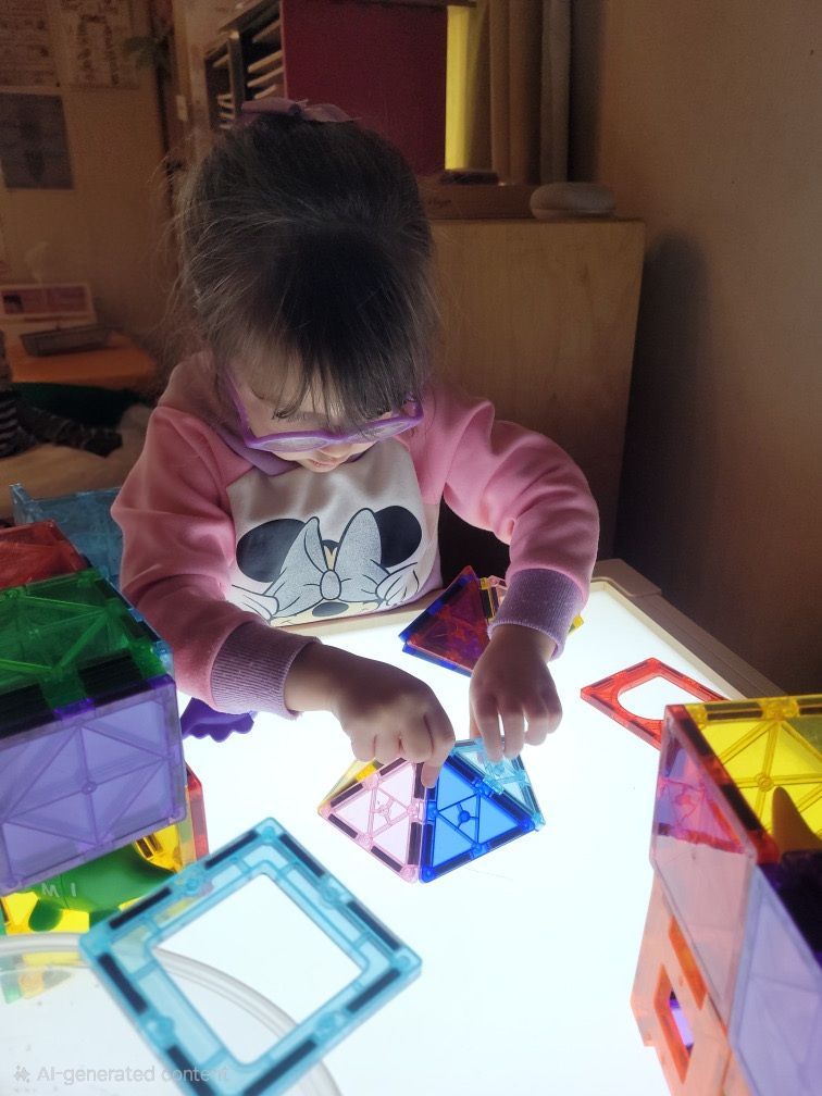 Child in a pink shirt playing with colorful magnetic tiles at a glowing table.