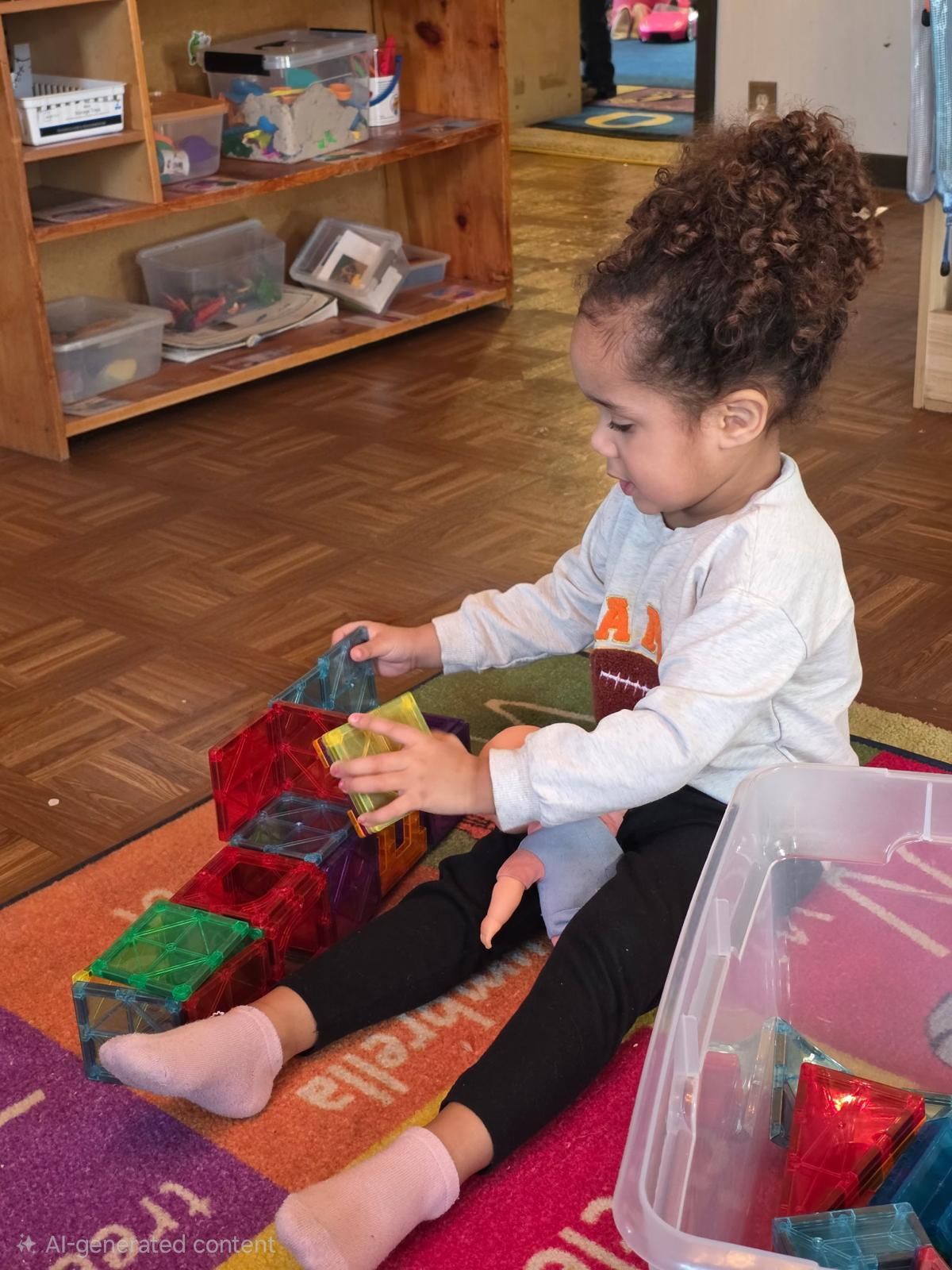 Child playing with colorful blocks on a purple rug indoors
