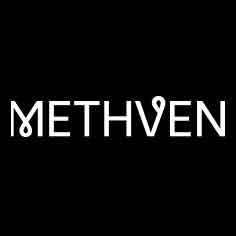 White “METHVEN” wordmark on a black background, with a teardrop shape inside the lettering.