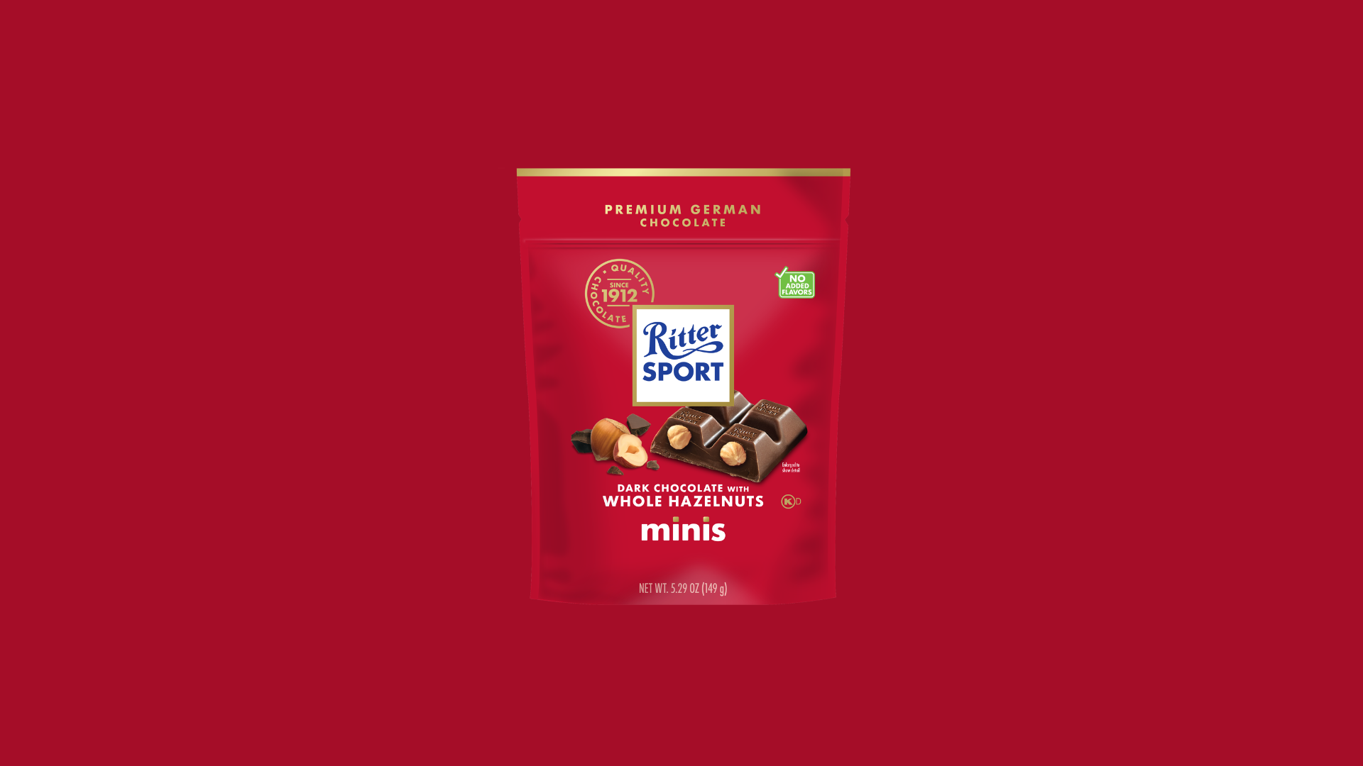 Ritter Sport chocolate bar packaging with cocoa beans, broken chocolate, and milk on a blue background.