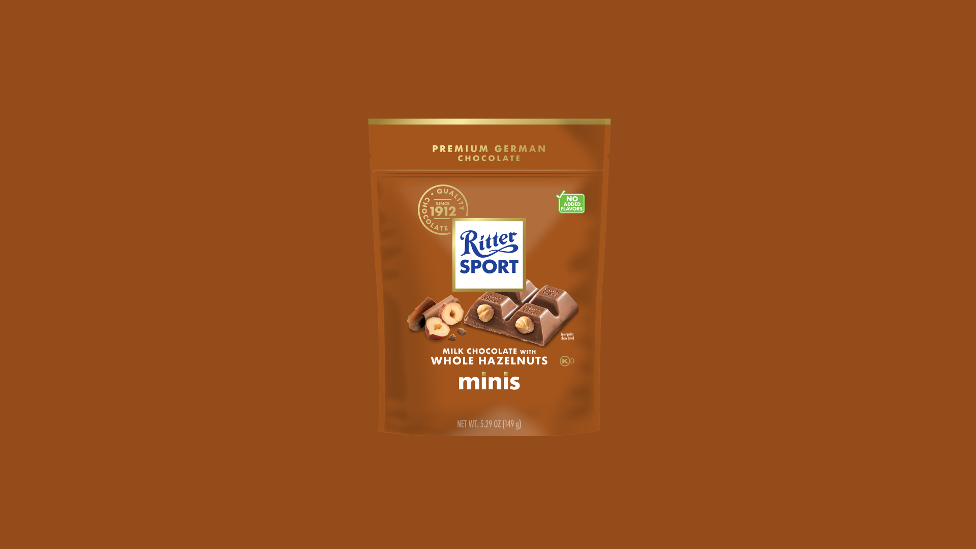 Ritter Sport chocolate bar packaging with cocoa beans, broken chocolate, and milk on a blue background.