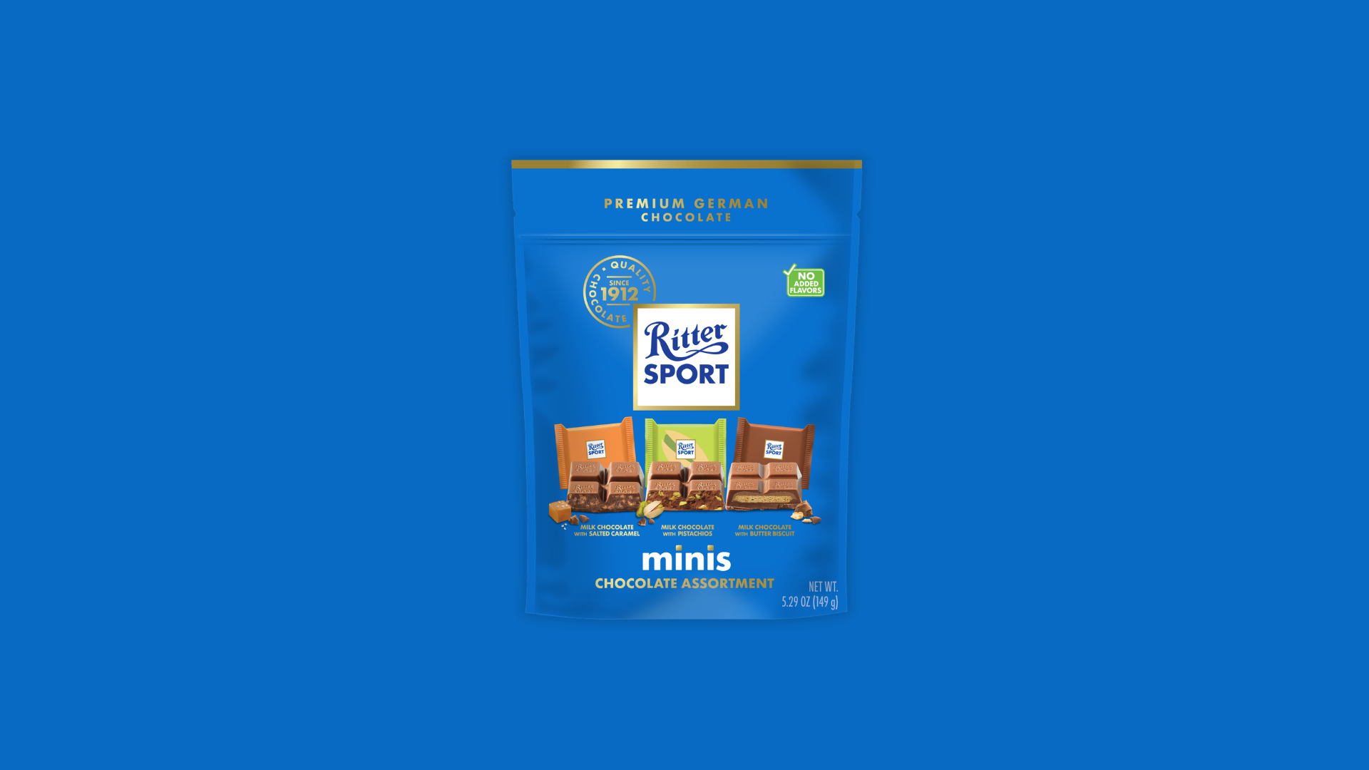 Ritter Sport chocolate bar packaging with cocoa beans, broken chocolate, and milk on a blue background.